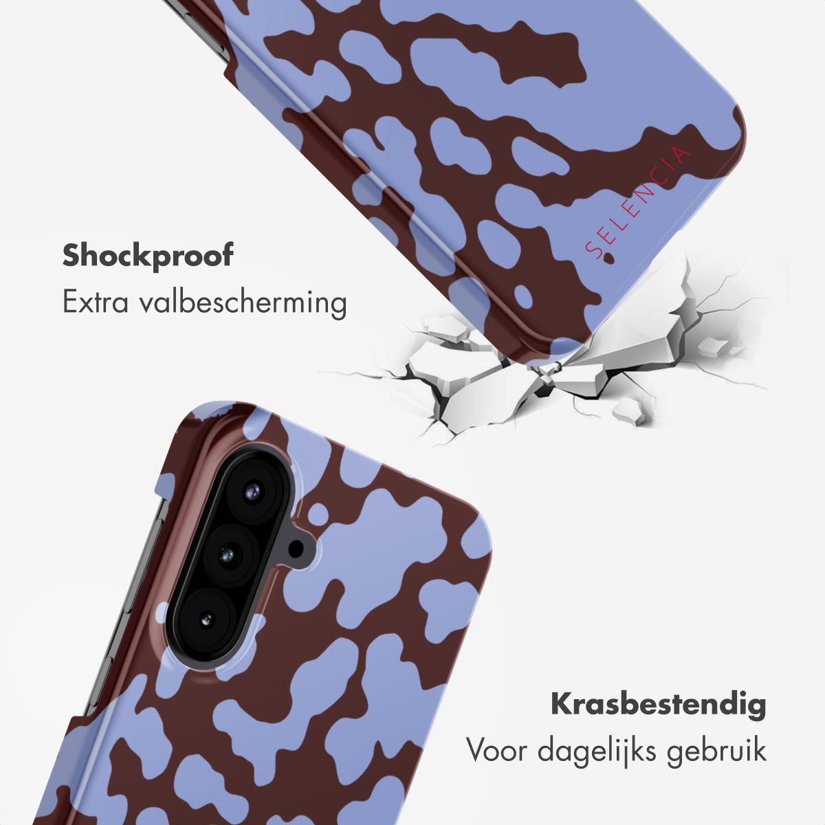Twee telefoonhoesjes met een koeienpatroon worden getoond. Eén breekt een oppervlak. Tekst zegt 'Schokbestendig' en 'Krasbestendig'.