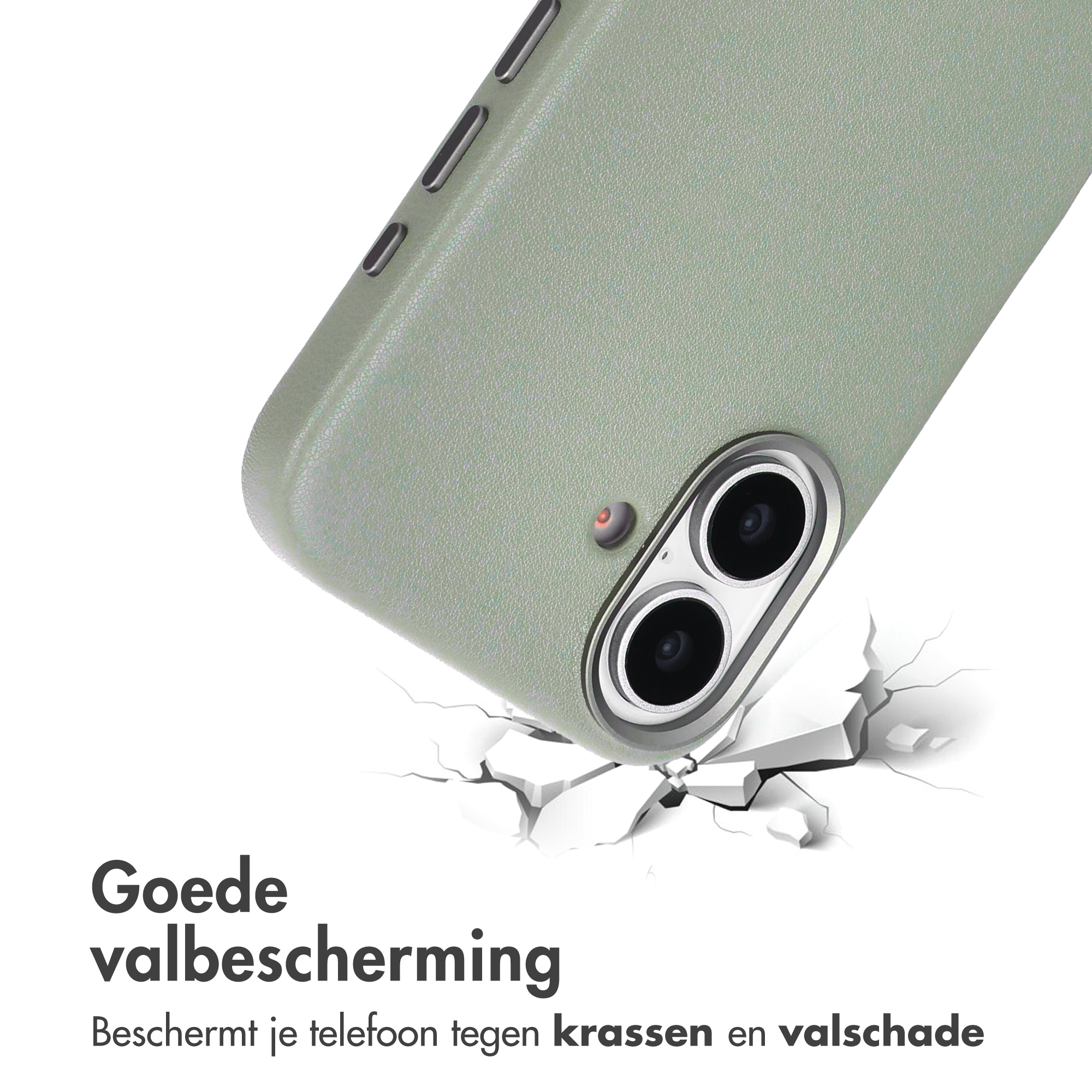 Un étui de téléphone tombe sur une surface, créant des fissures. L'étui est vert. La caméra du téléphone est visible.