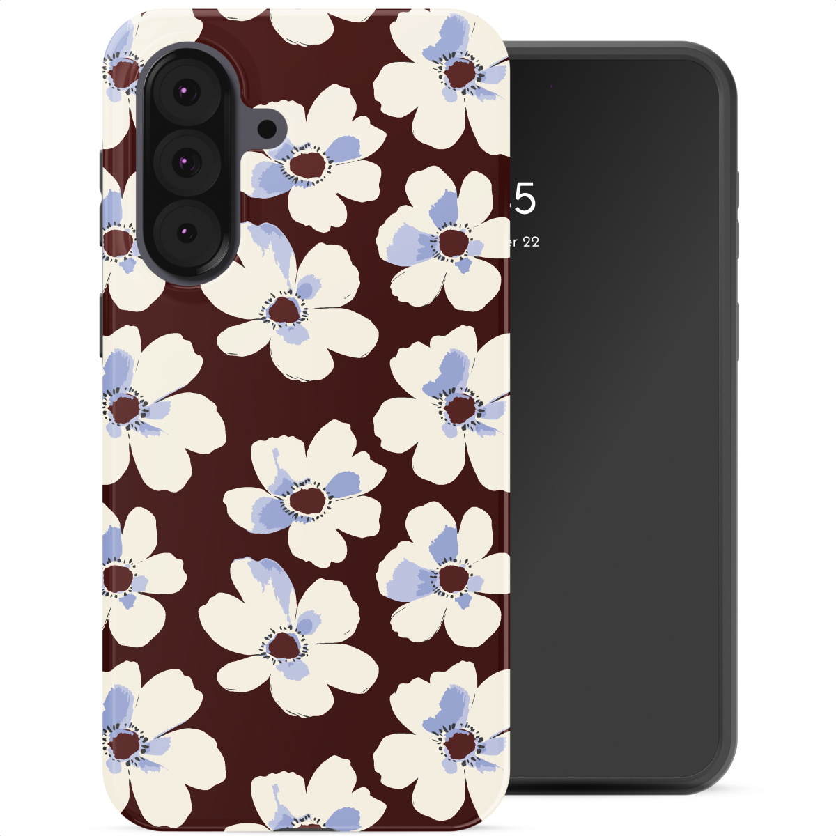 Coque de téléphone avec fleurs blanches et centres bleus sur fond rouge foncé. Téléphone noir à droite, affichant l'heure.