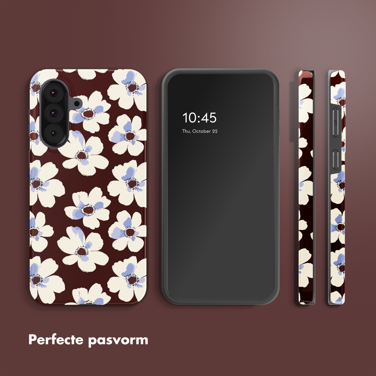 Téléphone avec étui floral, écran noir affichant l'heure et deux vues latérales de l'étui, le tout sur fond marron.