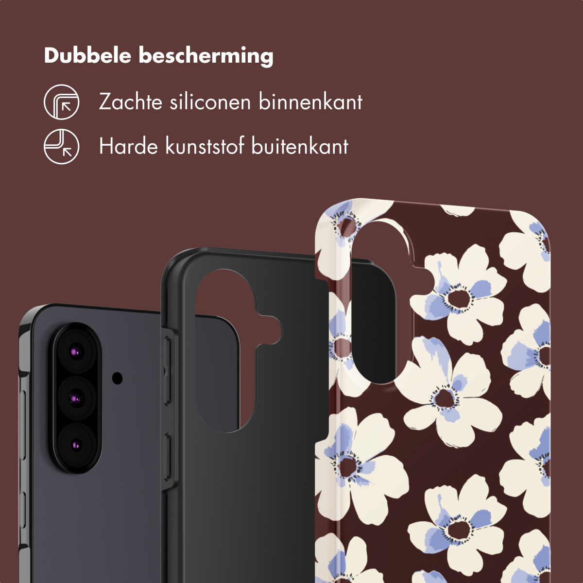 Coque de téléphone à motif floral, montrant les couches intérieures en silicone et extérieures en plastique dur pour la protection.