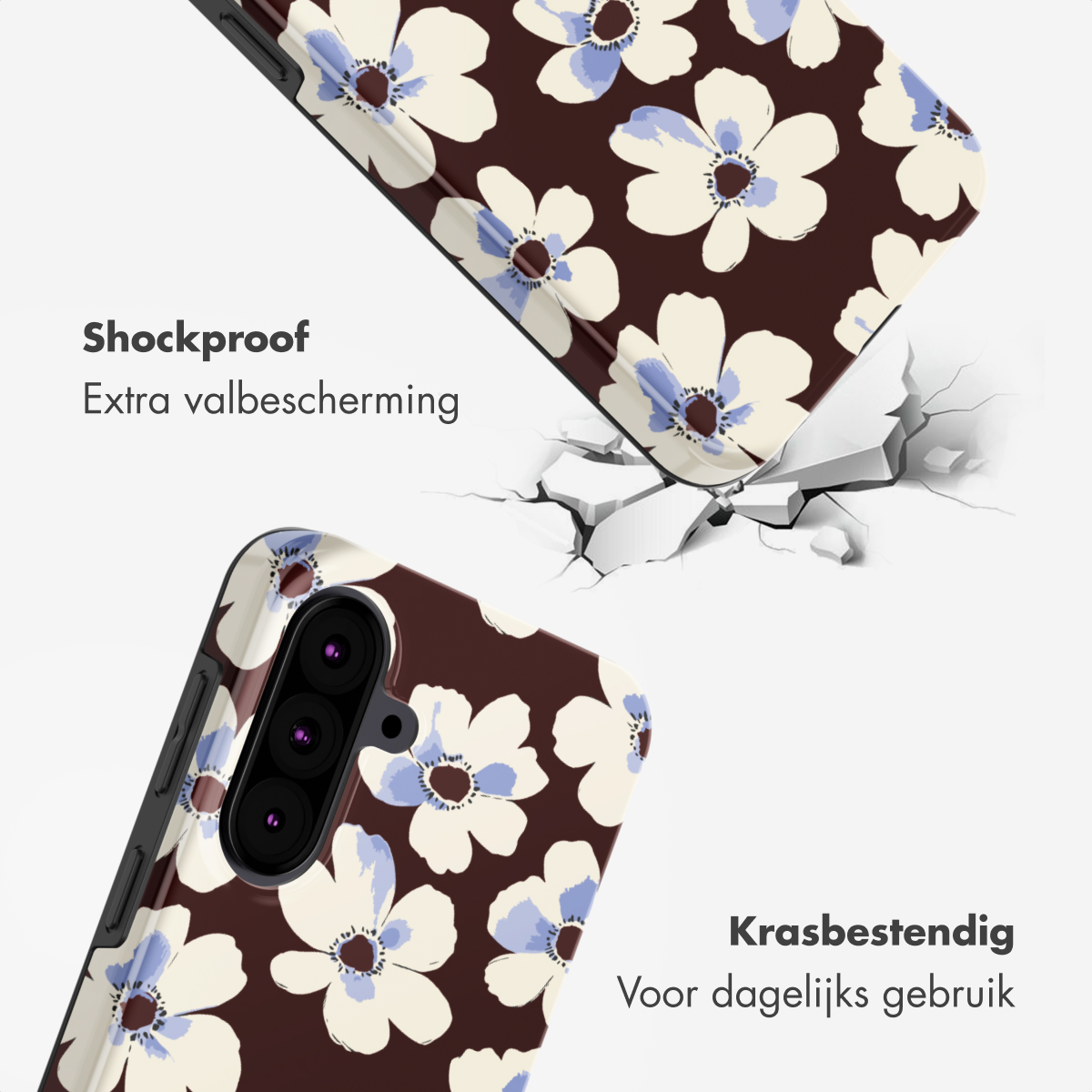 Coques de téléphone à motifs floraux. Une coque brise une surface. Le texte dit 'Antichoc' et 'Résistant aux rayures'.