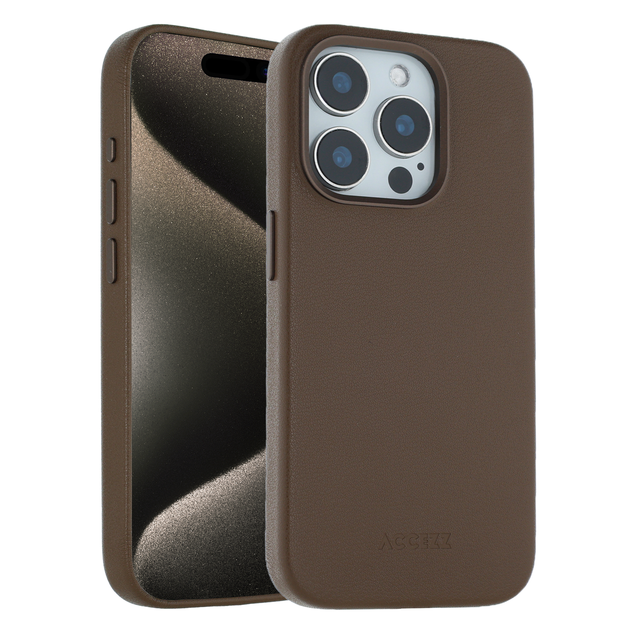 Eine braune Handyhülle mit einem Telefon darin. Die Hülle hat einen Kameraausschnitt und den Markennamen.