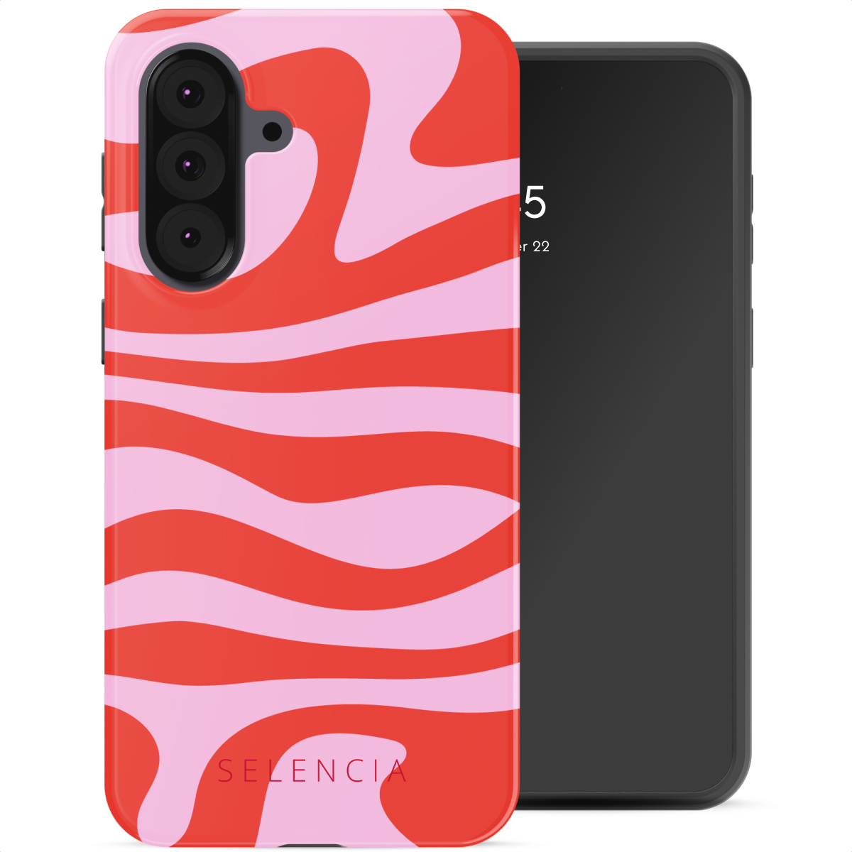 Un téléphone avec un étui à motifs ondulés rouges et roses. L'écran affiche l'heure. La marque 'Selencia' est en bas de l'étui.