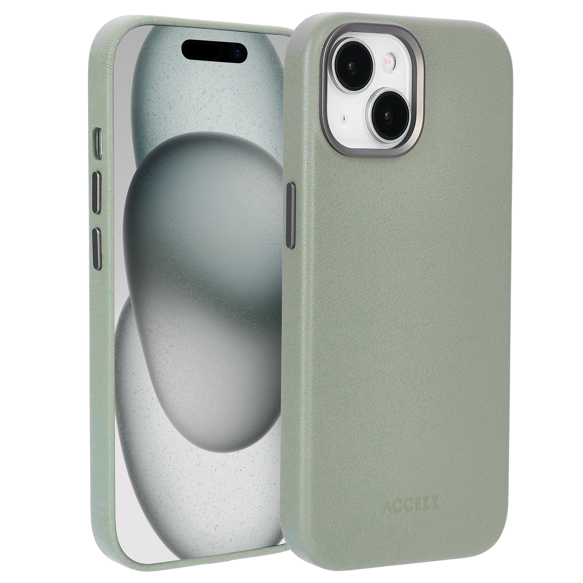 Een groene telefoonhoes met een telefoon erin. De hoes heeft een gestructureerd oppervlak en het scherm van de telefoon is zichtbaar.