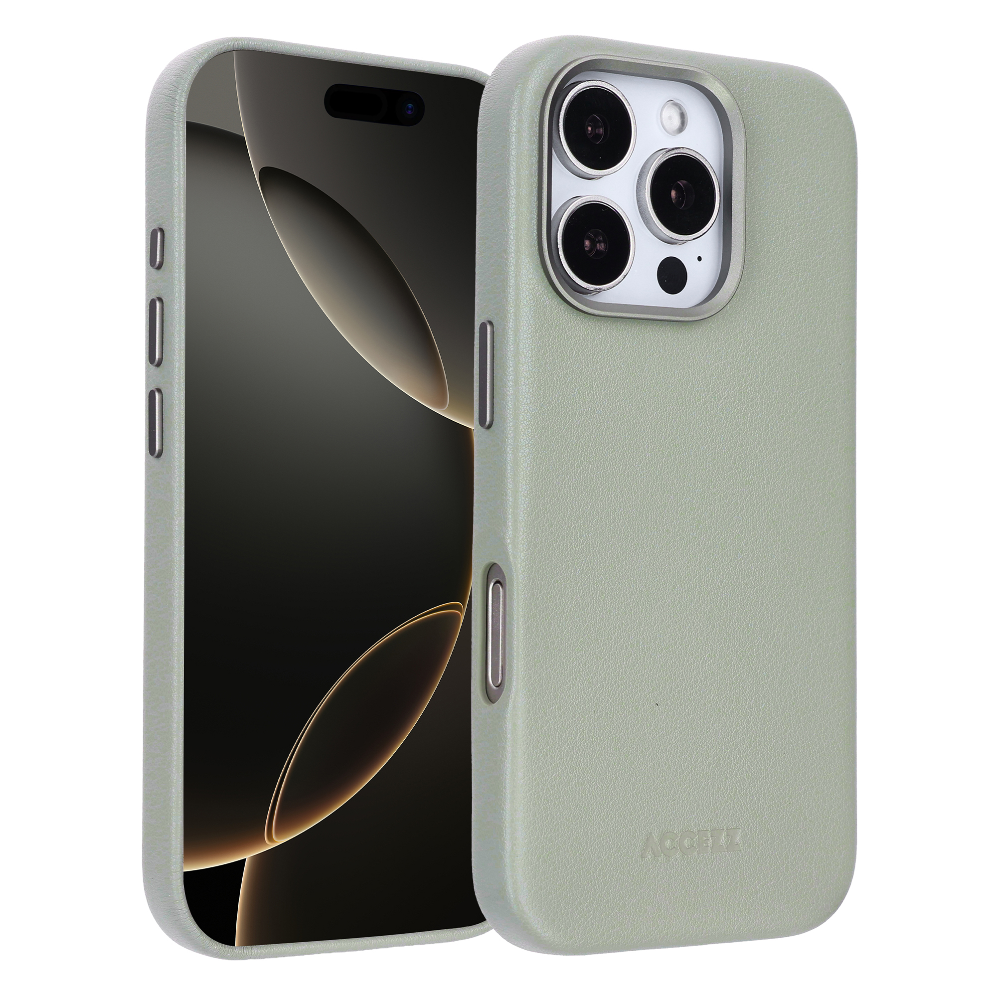 Un iPhone dans un étui vert clair est affiché. L'écran est noir. L'étui a un aspect texturé.