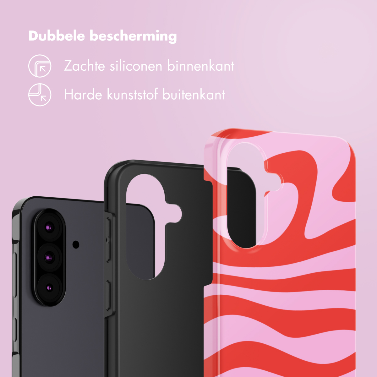 Trois étuis de téléphone : noir, noir et motif ondulé rouge/rose. Texte en haut : « Double protection ».