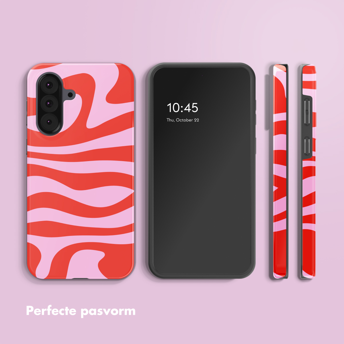 Un téléphone et des coques avec un motif ondulé rouge et rose. Le téléphone affiche l'heure. Le fond est violet clair.
