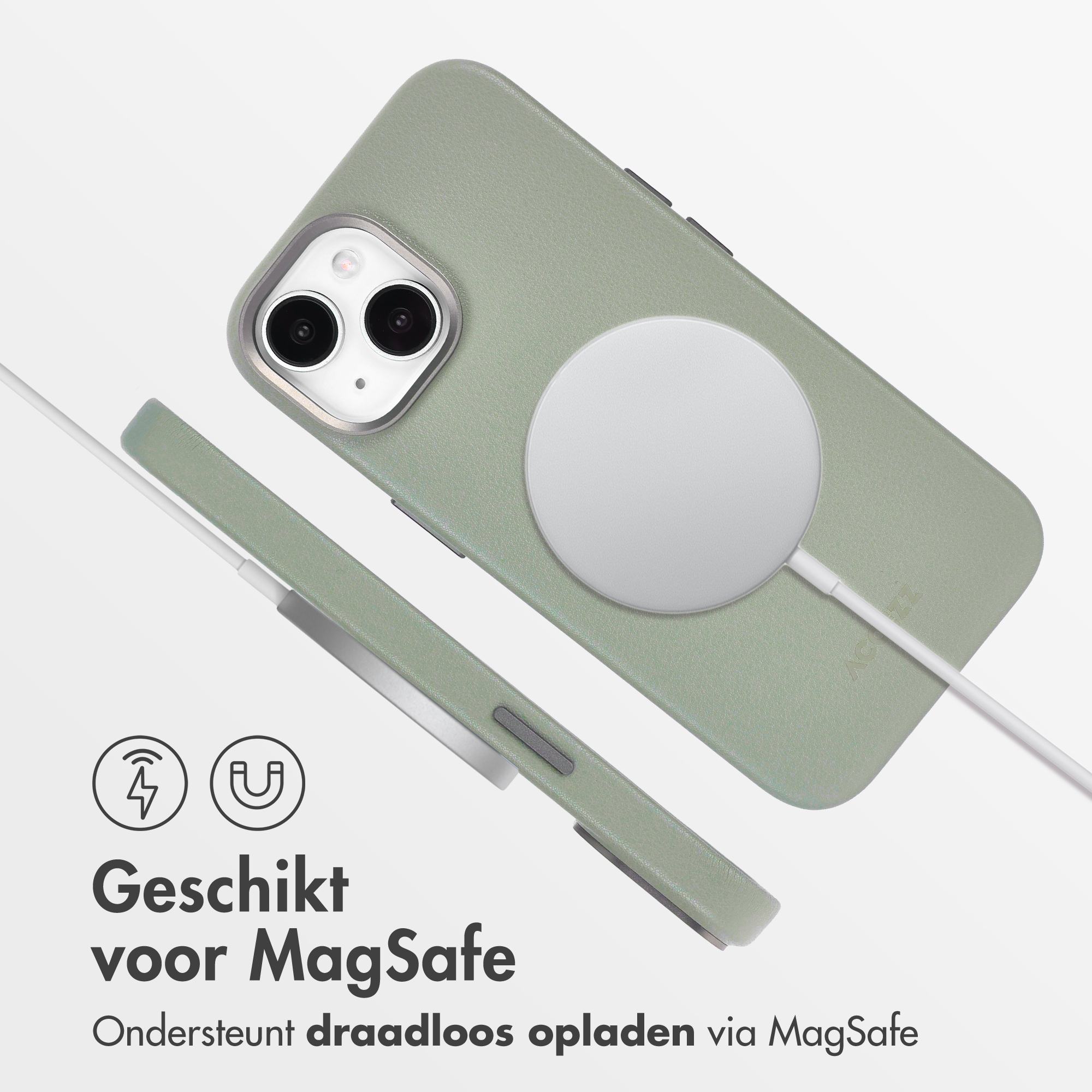 Een telefoon in een groene hoes met een witte MagSafe-oplader. Tekst luidt 'Geschikt voor MagSafe' en 'Ondersteunt draadloos opladen'.