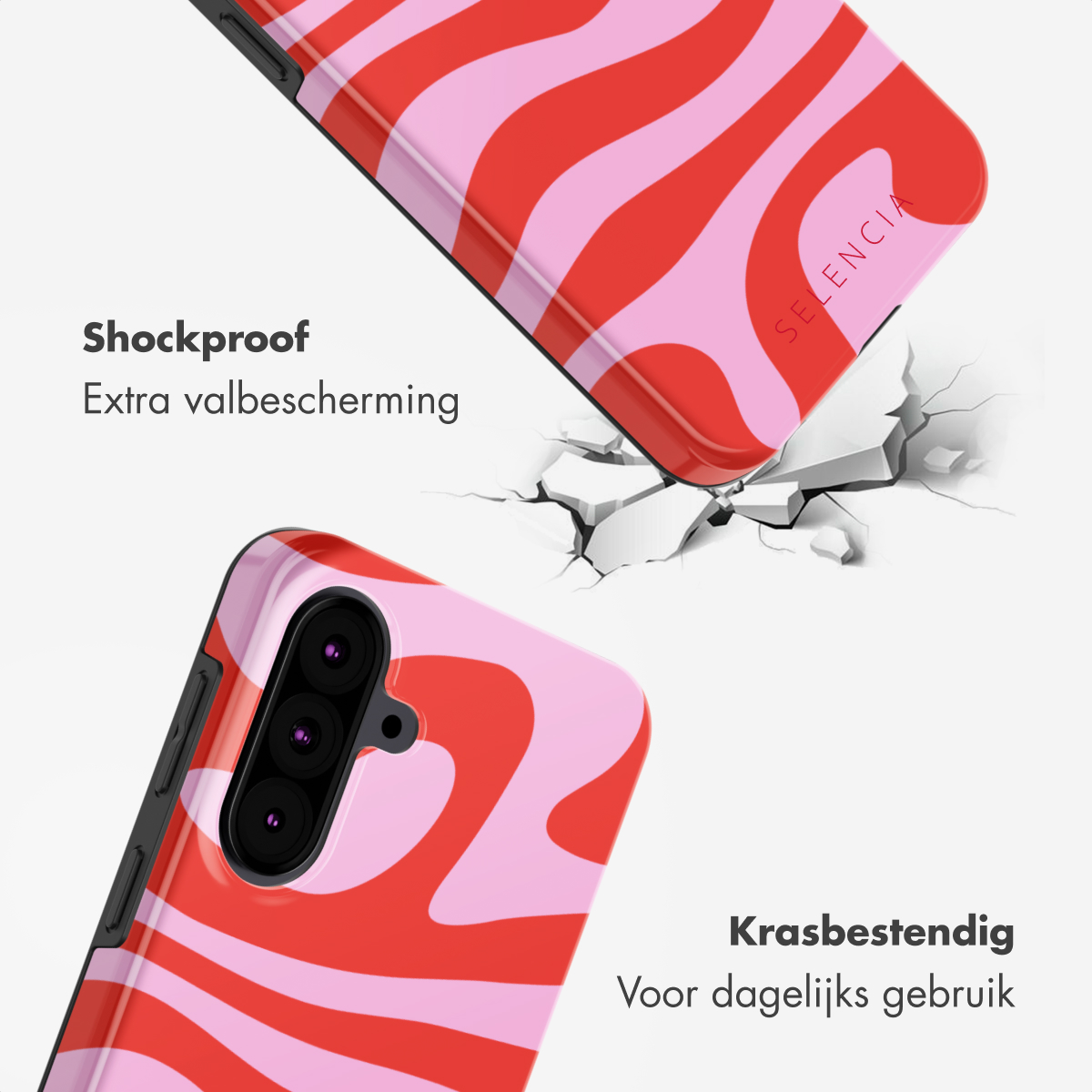 Deux coques de téléphone avec des motifs ondulés rouges et roses. Une coque tombe et provoque une fissure. Textes : 'Antichoc' et 'Résistant aux rayures'.