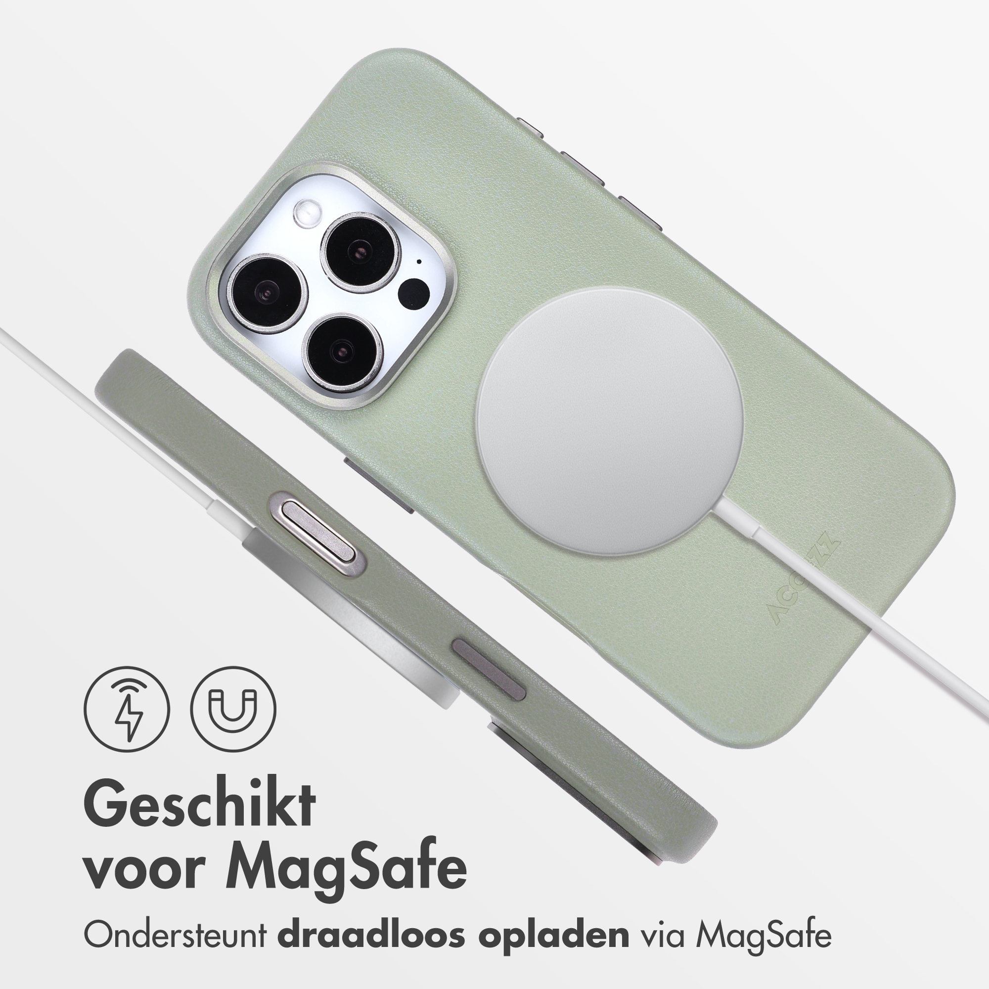 Coque de téléphone verte avec chargeur MagSafe. Affiche la charge sans fil. Texte: Convient pour MagSafe. Prend en charge la charge sans fil via MagSafe.