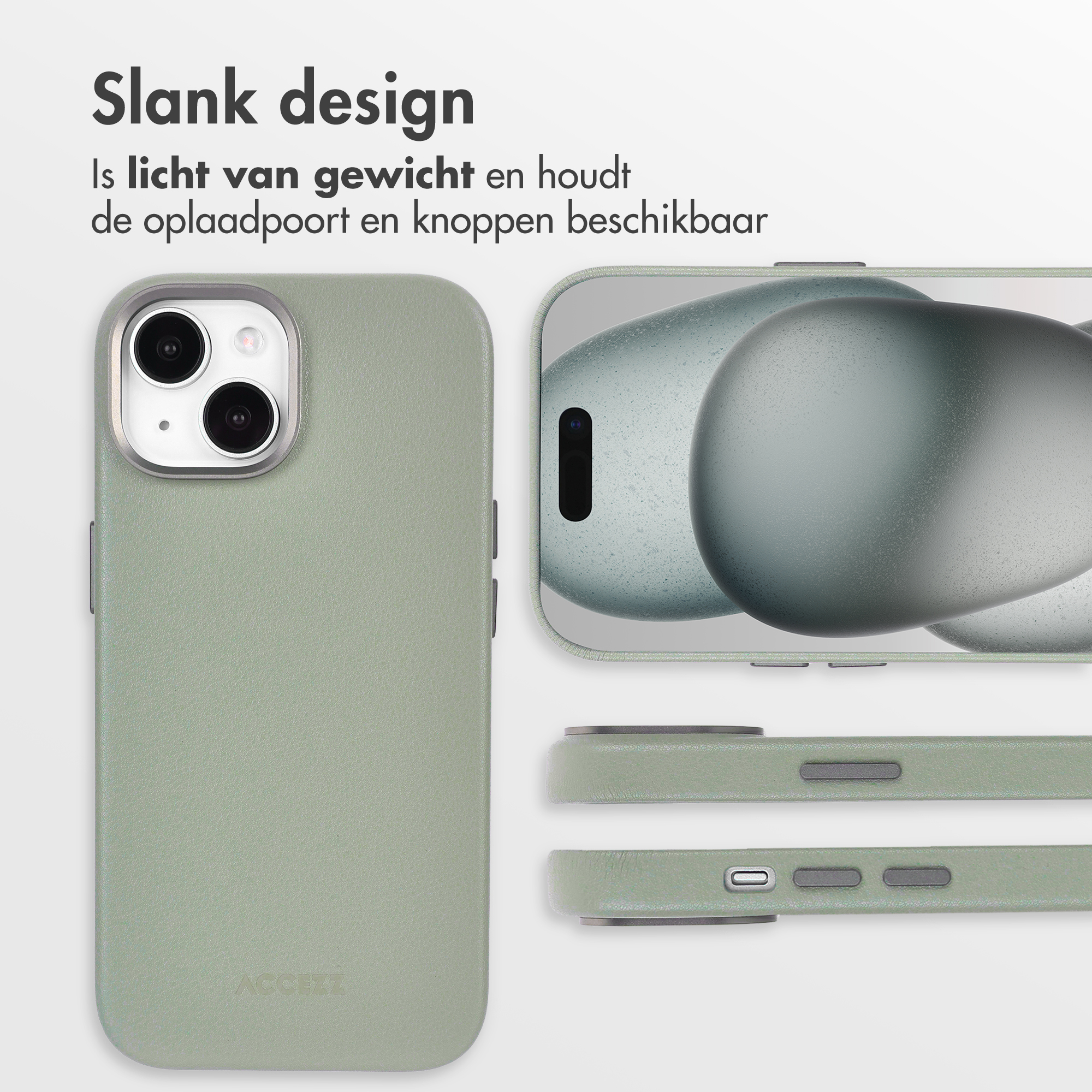 Gezeigte Telefonhülle und Telefon. Die Hülle ist grün mit silbernem Rand. Der Bildschirm zeigt ein verschwommenes Bild.
