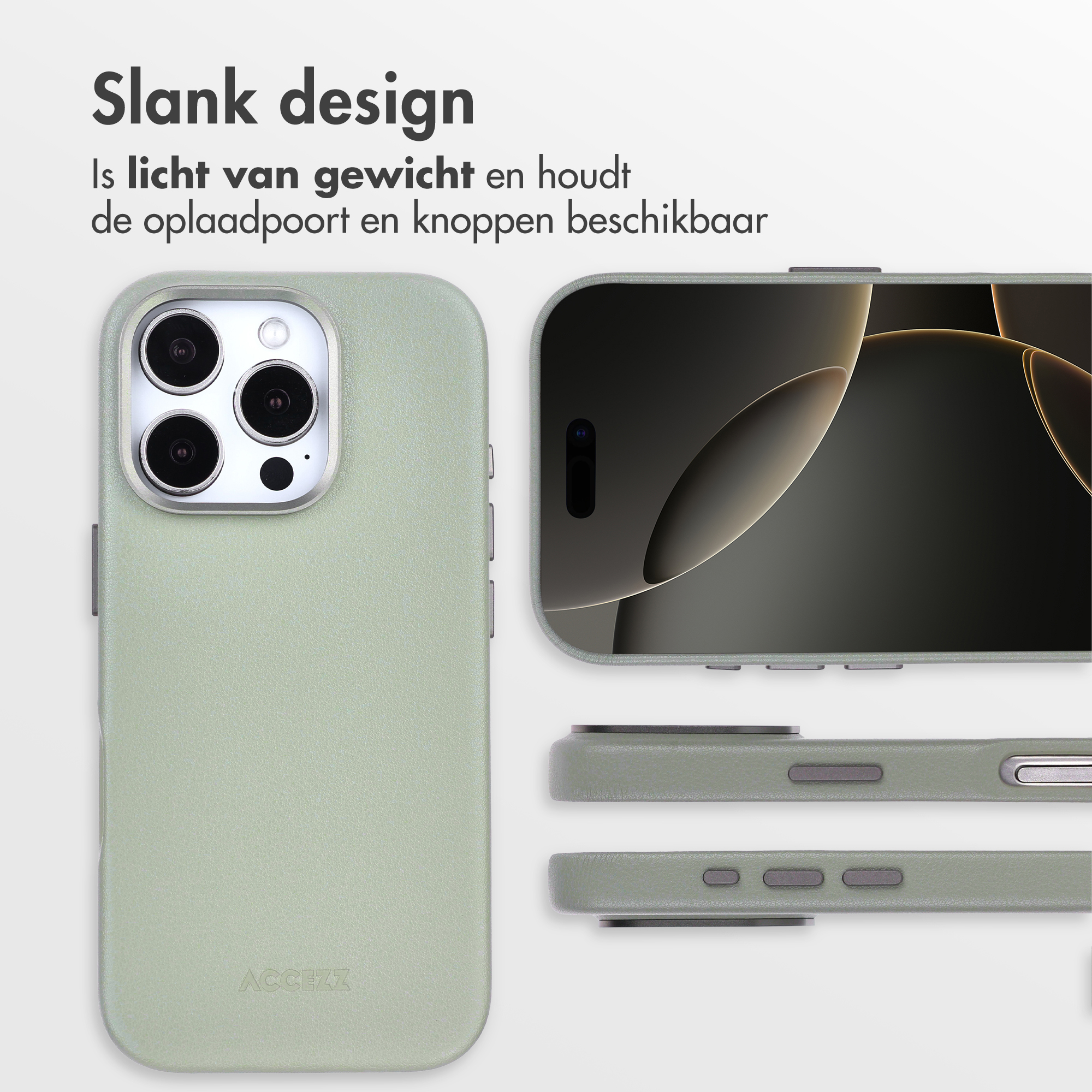 È mostrata una custodia per telefono, con un telefono all'interno. La custodia è verde. Il testo in alto dice 'Slank design'.