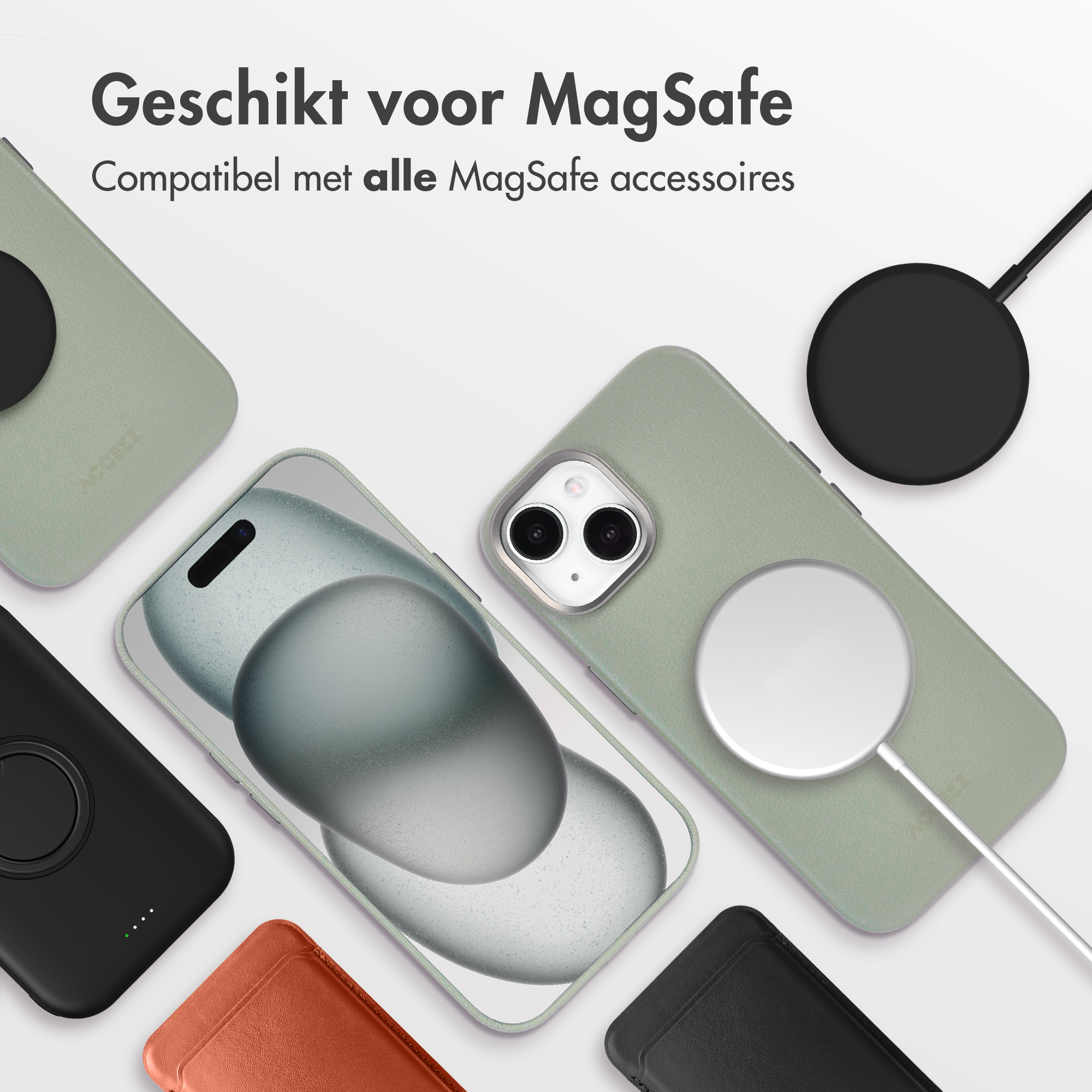 Afbeelding toont telefoonhoesjes, opladers en een telefoon, allemaal in verschillende kleuren. Tekst bovenaan: 'Geschikt voor MagSafe'.