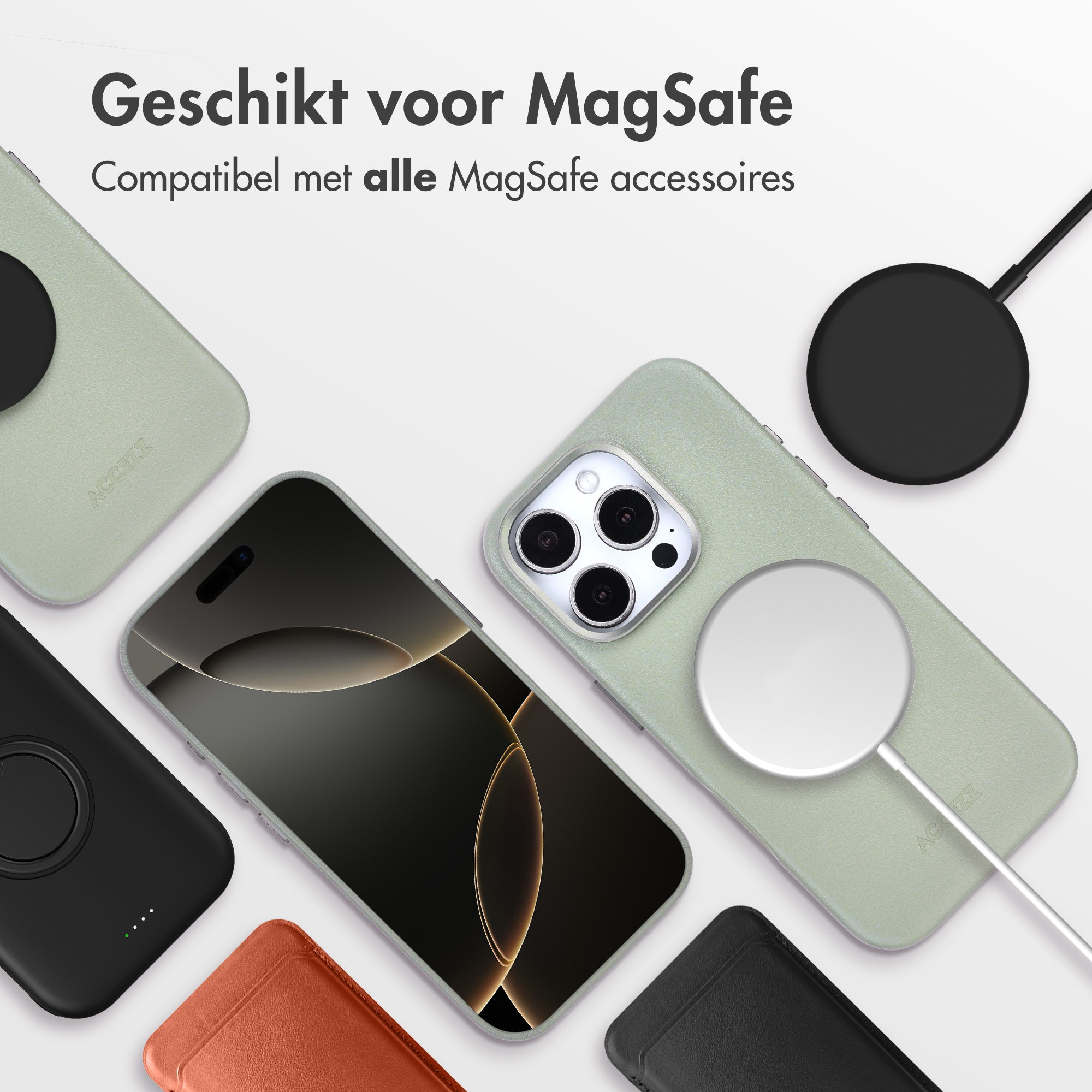 L'image montre des téléphones et des accessoires, notamment des chargeurs et des étuis, tous compatibles avec la technologie MagSafe.