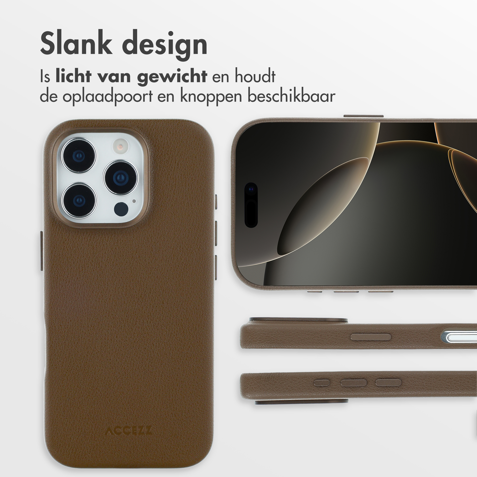 Coque de téléphone marron avec téléphone sur fond blanc. Texte néerlandais : Slank design.