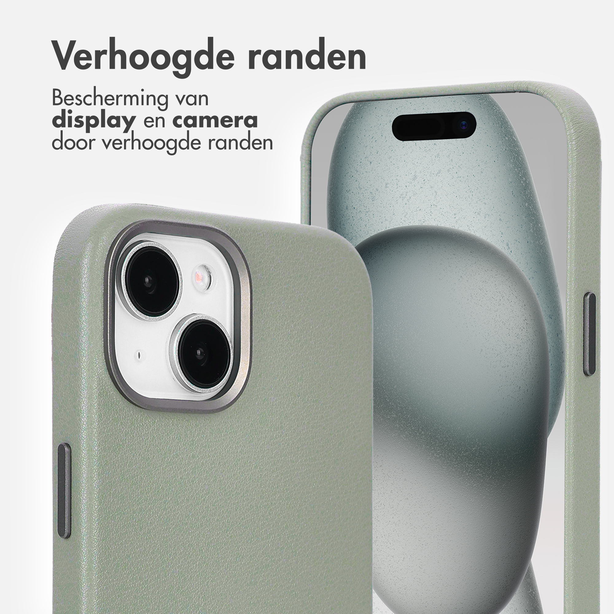 Groene telefoonhoes met verhoogde randen. Close-up van telefoon en camera. Tekst: Verhoogde randen. Bescherming scherm en camera.
