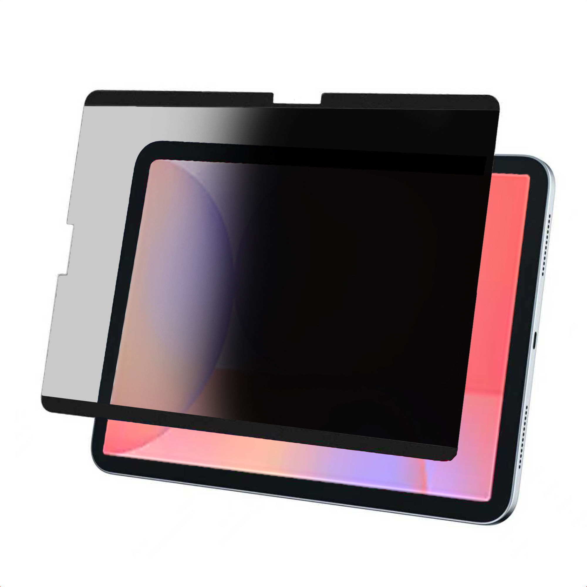 Tablet con schermo privacy. Lo schermo è nero, con protezione grigia. La cornice è argento. Lo sfondo è bianco.