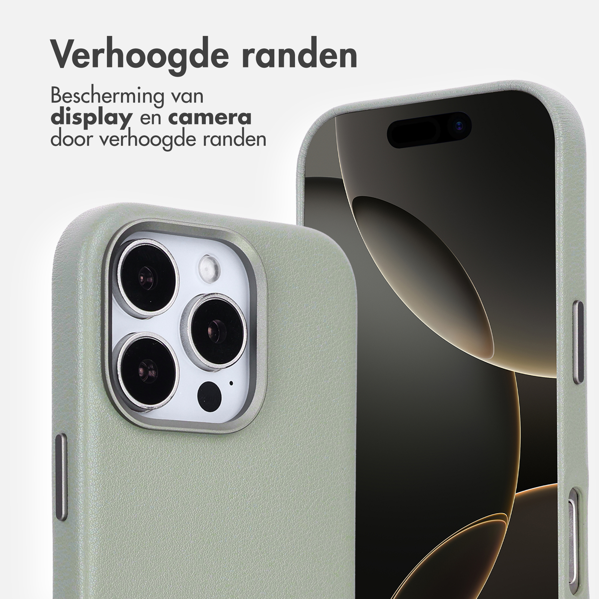 L'image montre un étui avec des bords surélevés. Il est vert avec un téléphone à l'intérieur. L'étui protège l'écran et l'appareil photo.