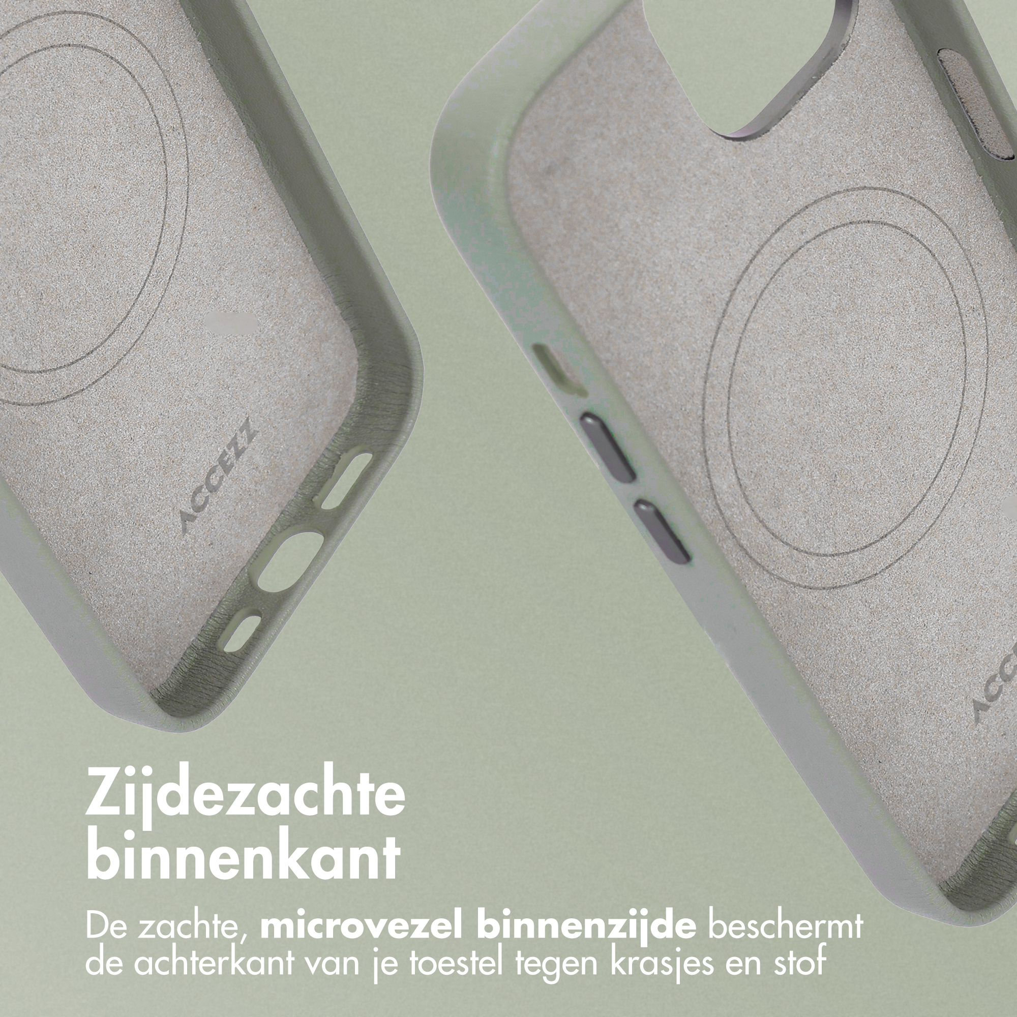 Twee telefoonhoesjes met zachte binnenvoering. De hoesjes zijn lichtgroen en grijs. De achtergrond is een vergelijkbaar groen.