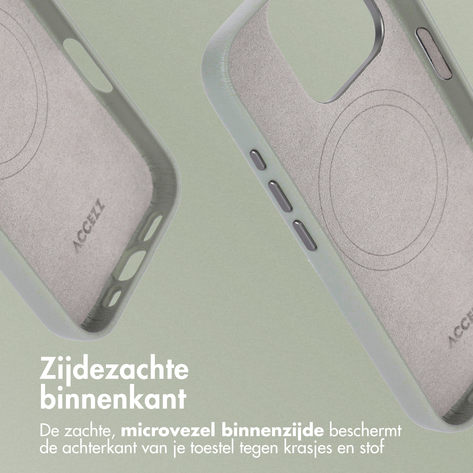 Deux étuis de téléphone, vert clair, avec des intérieurs gris doux. Les étuis sont sur un fond vert clair. ACCEZZ est imprimé.