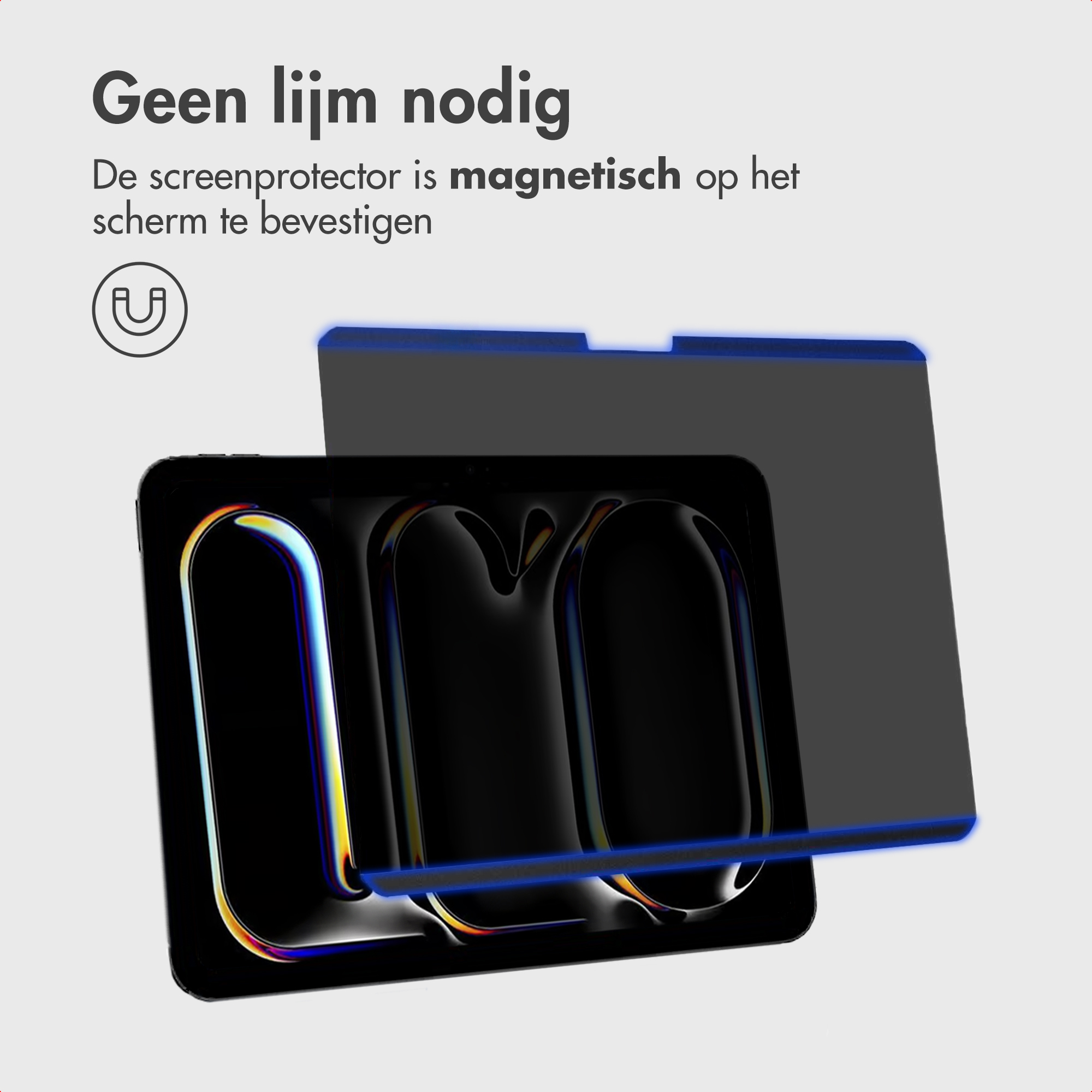 Proteggi schermo con bordo blu, schermo nero, testo in olandese: 'Non serve colla'.