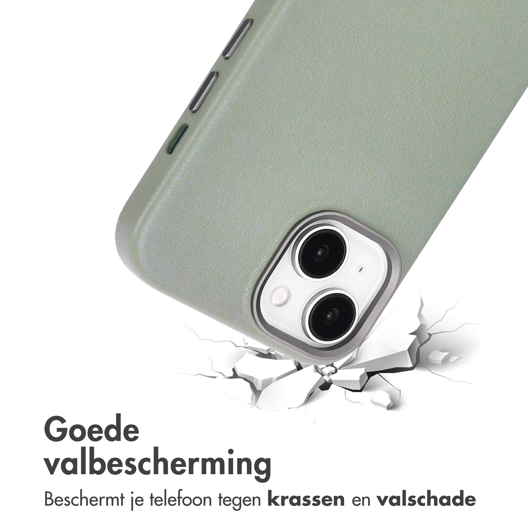 Er wordt een telefoonhoesje getoond, met een telefoon erin. De hoes is groen, de telefoon ligt op wit gebroken beton. Tekst: Goede valbescherming.