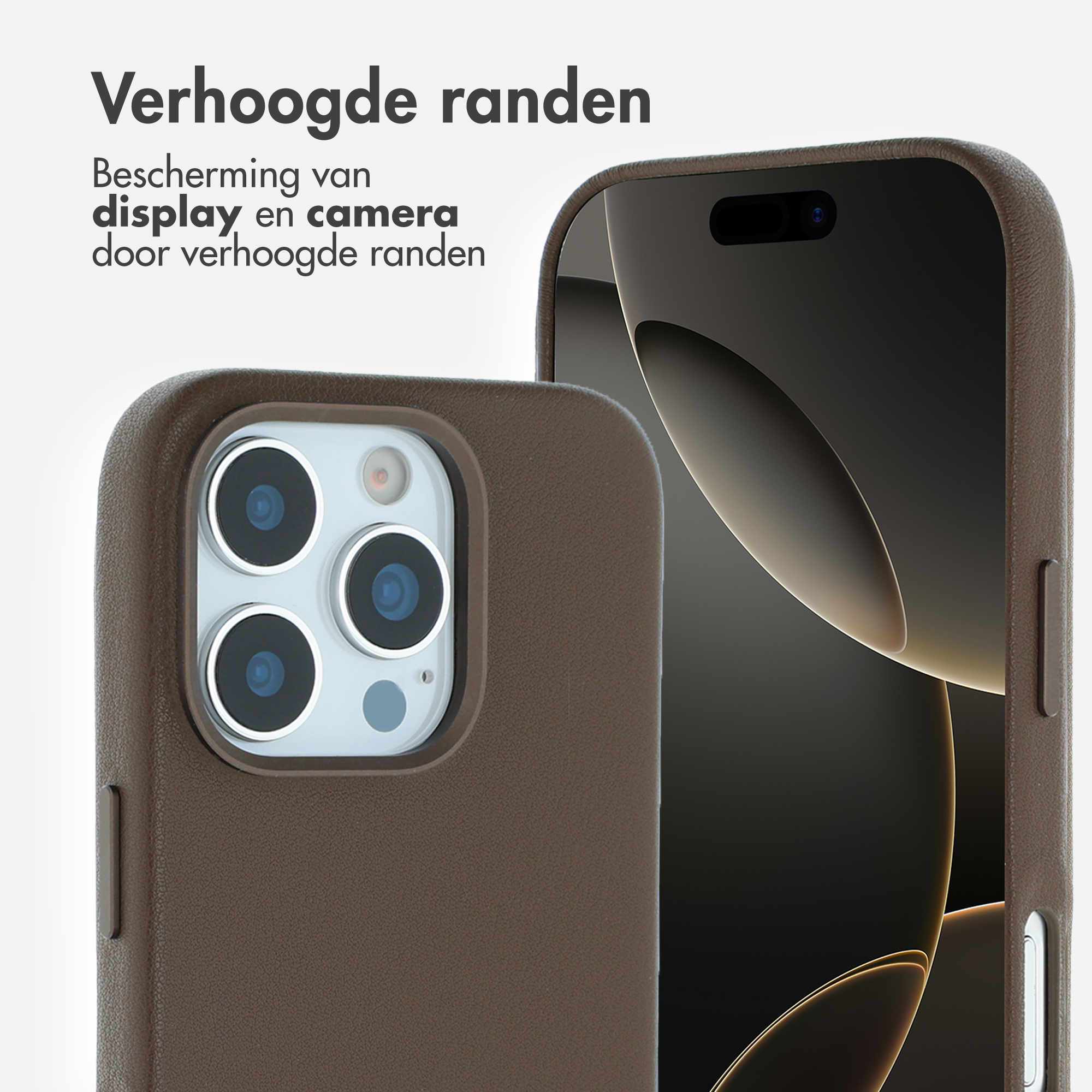 Une coque de téléphone marron présentant la caméra et la protection d'écran. Le texte dit : 'Les bords surélevés protègent l'écran et l'appareil photo'.