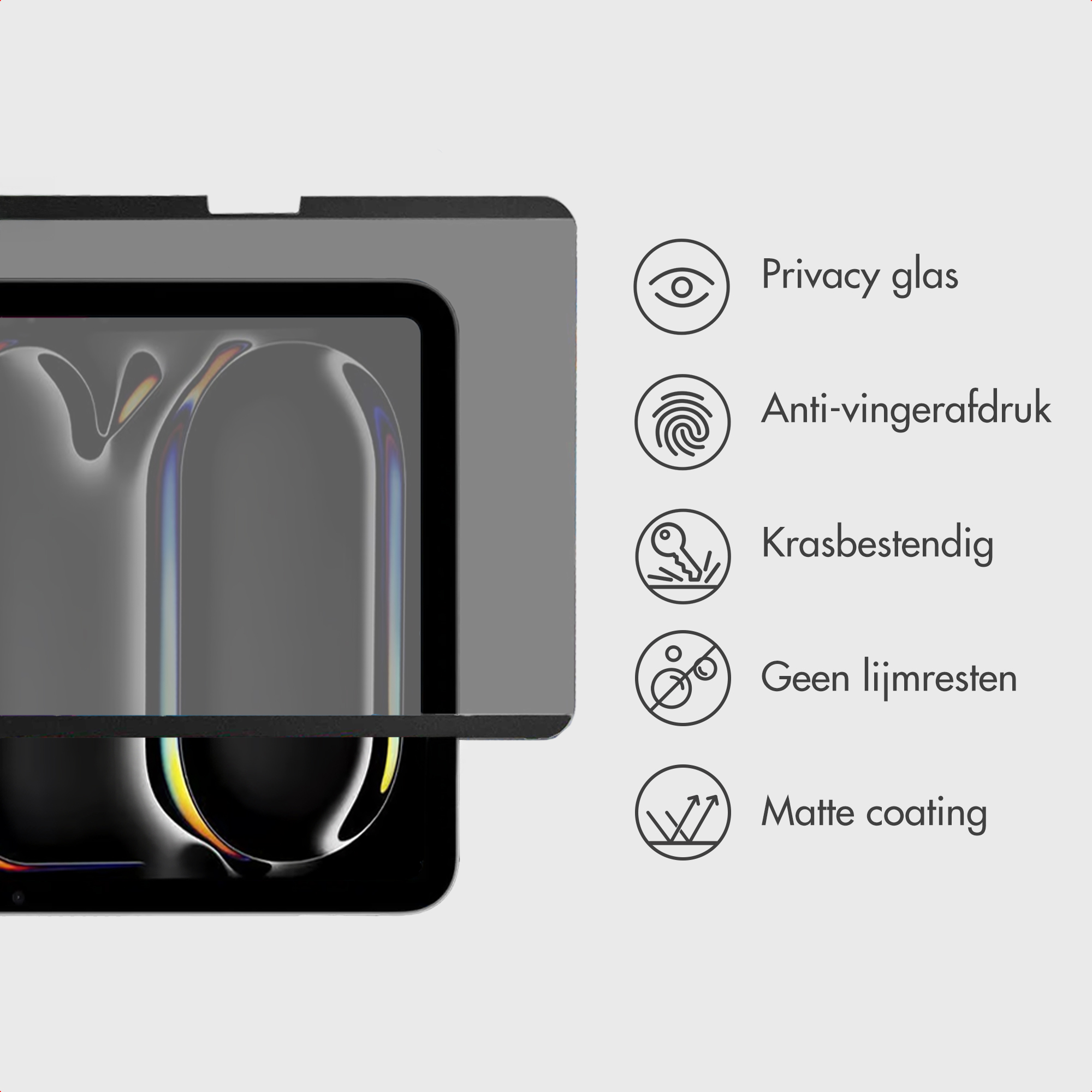 Un proteggi schermo su un dispositivo nero, con icone e testo che indicano funzioni come vetro privacy e rivestimento opaco.