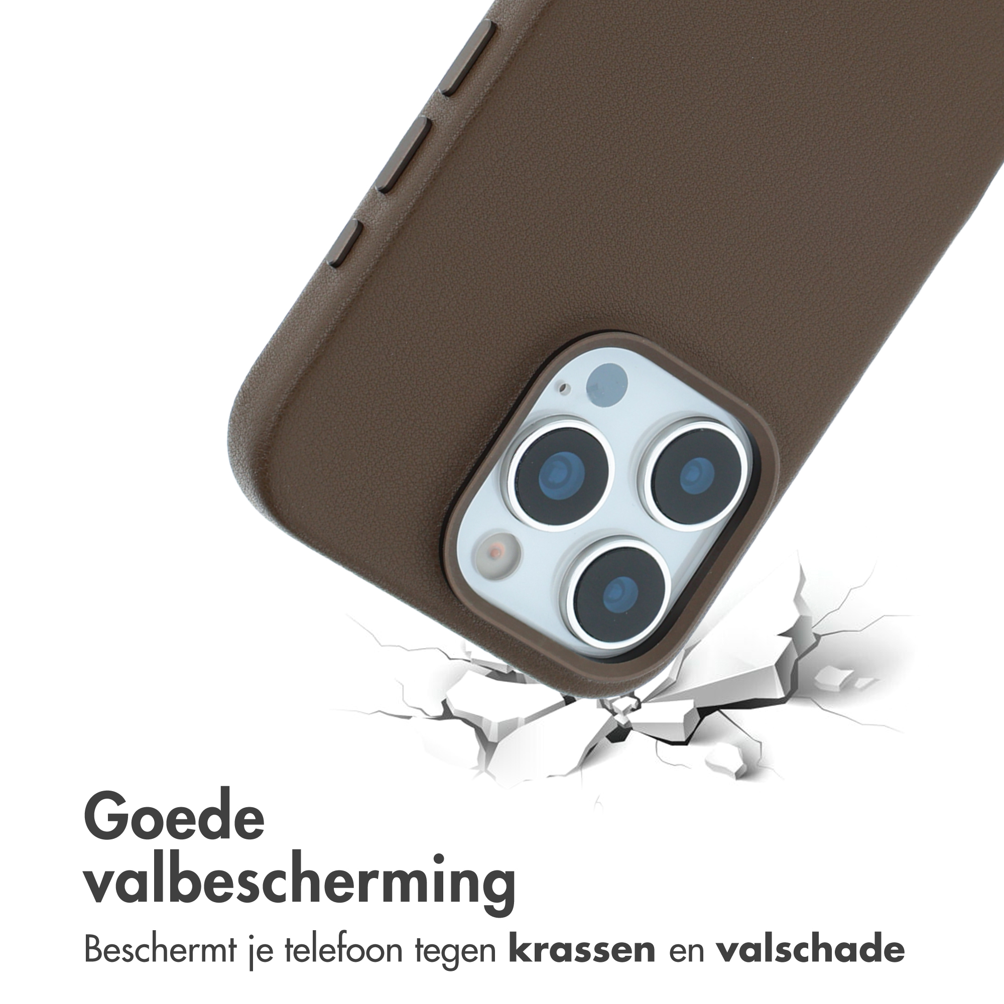 Un étui de téléphone marron tombe, brisant le sol en dessous. L'étui a plusieurs lentilles d'appareil photo. Le texte dit: Bonne protection contre les chutes.