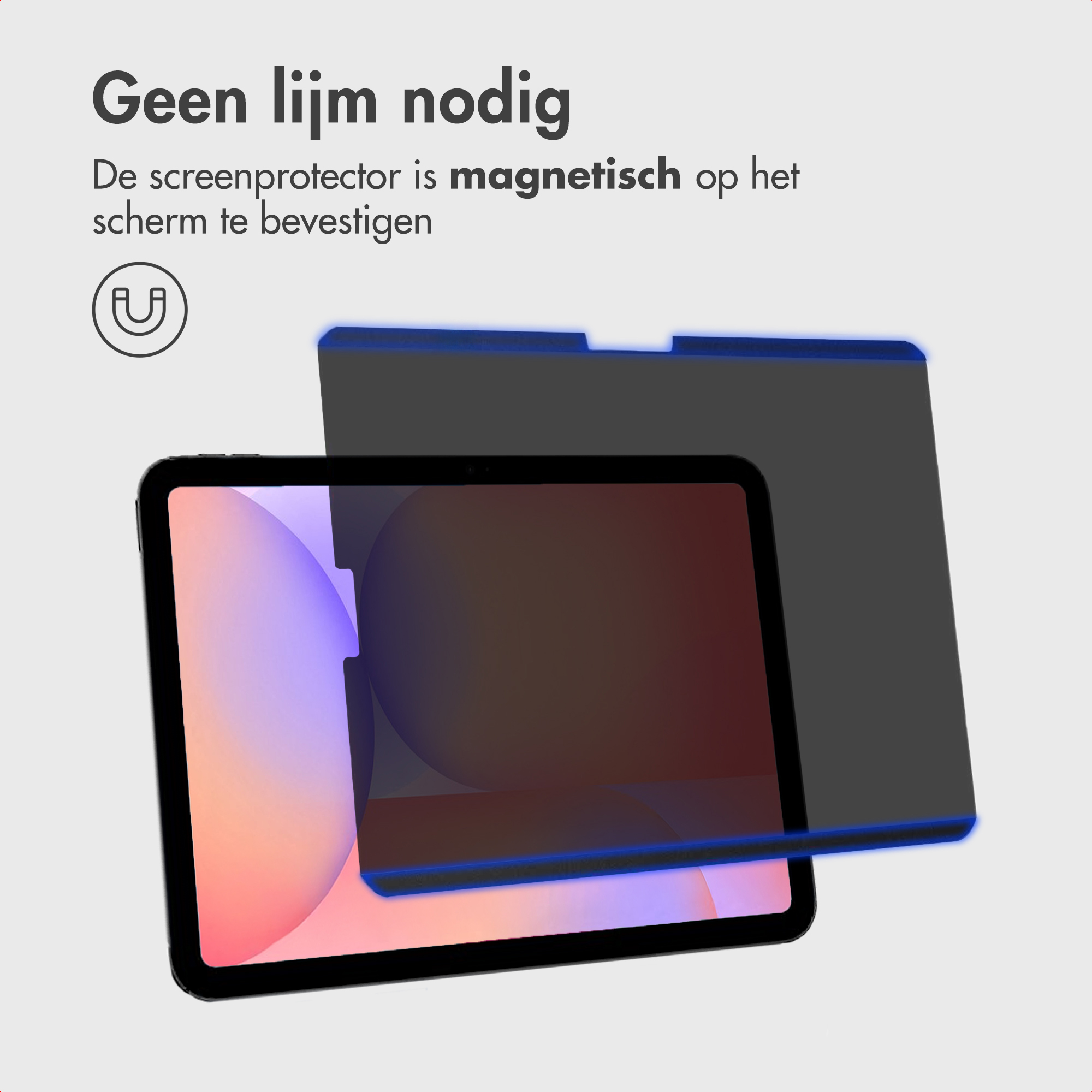 Tablet con protezione schermo. La protezione è scura e ha un bordo blu. Testo: Non serve colla.