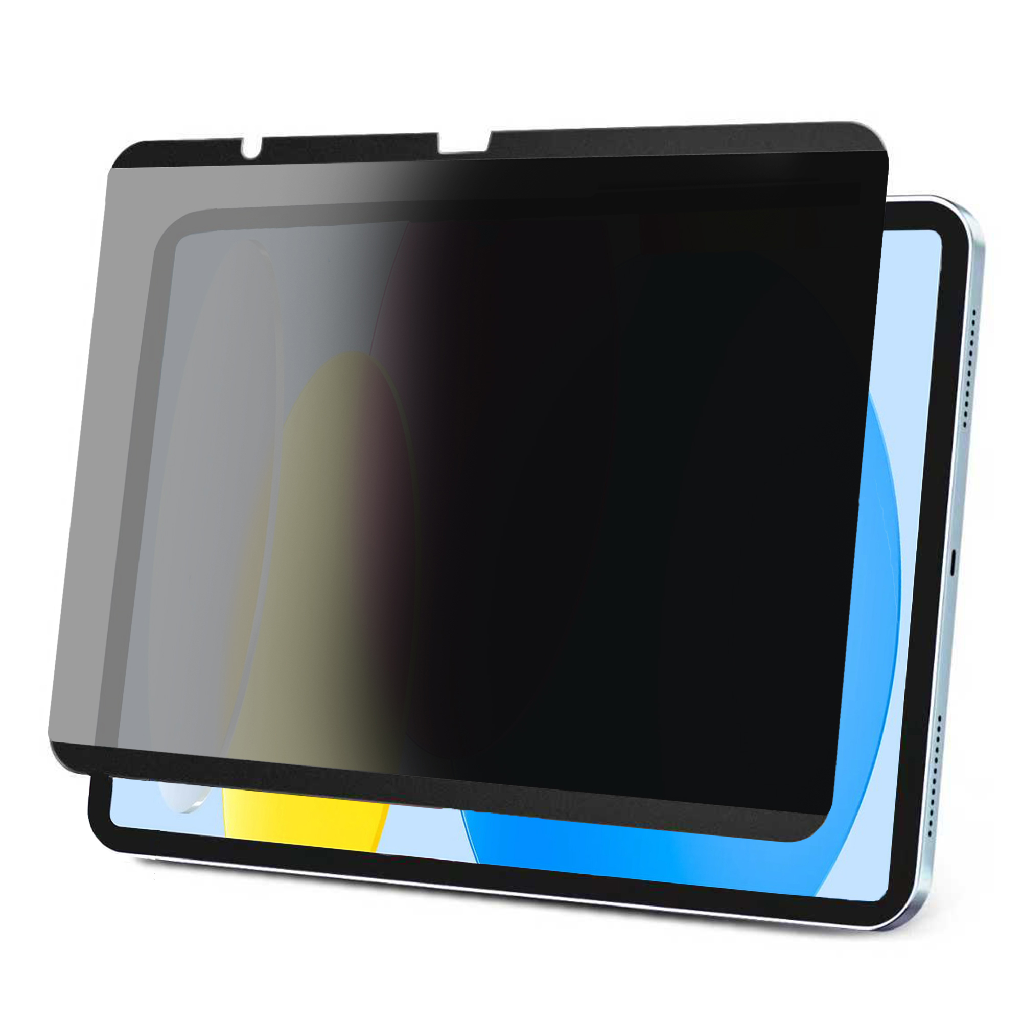 Un iPad con protezione schermo. La protezione è scura e copre lo schermo. L'iPad ha un bordo azzurro.