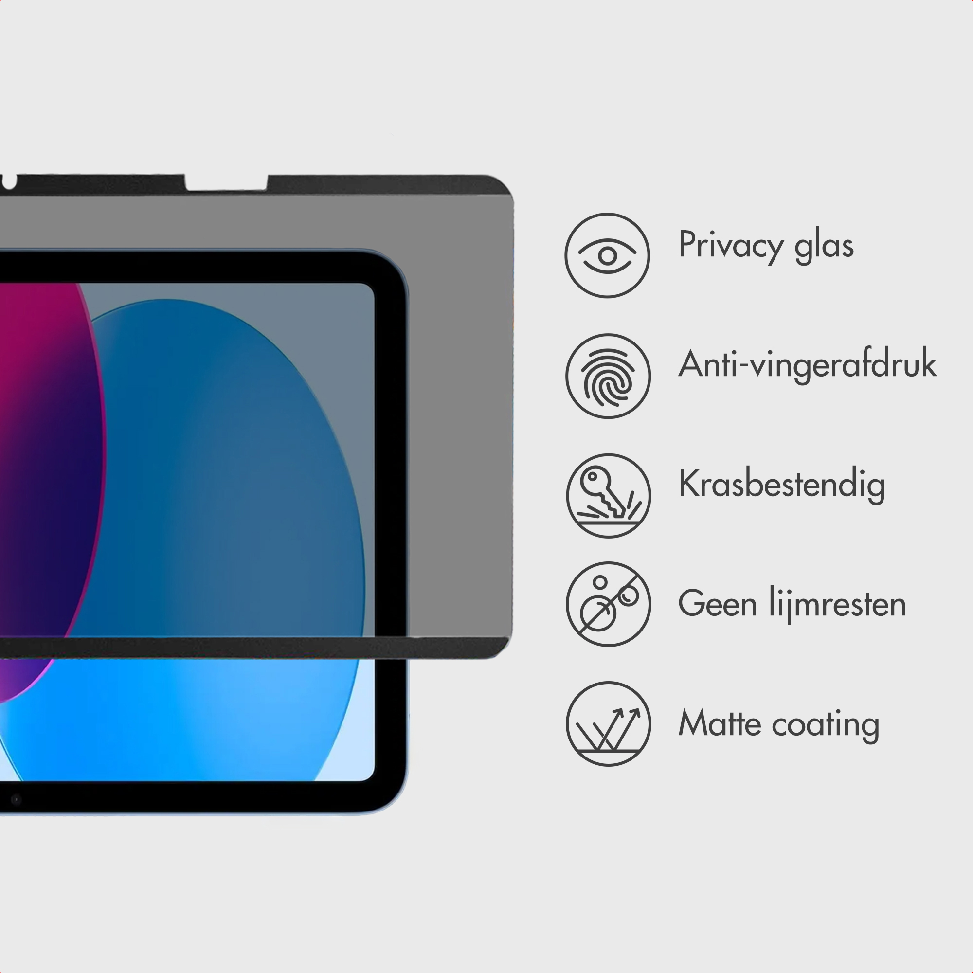 Un tablet con protezione schermo grigia. Il testo descrive le caratteristiche: privacy, anti-impronte, antigraffio, senza residui, finitura opaca.