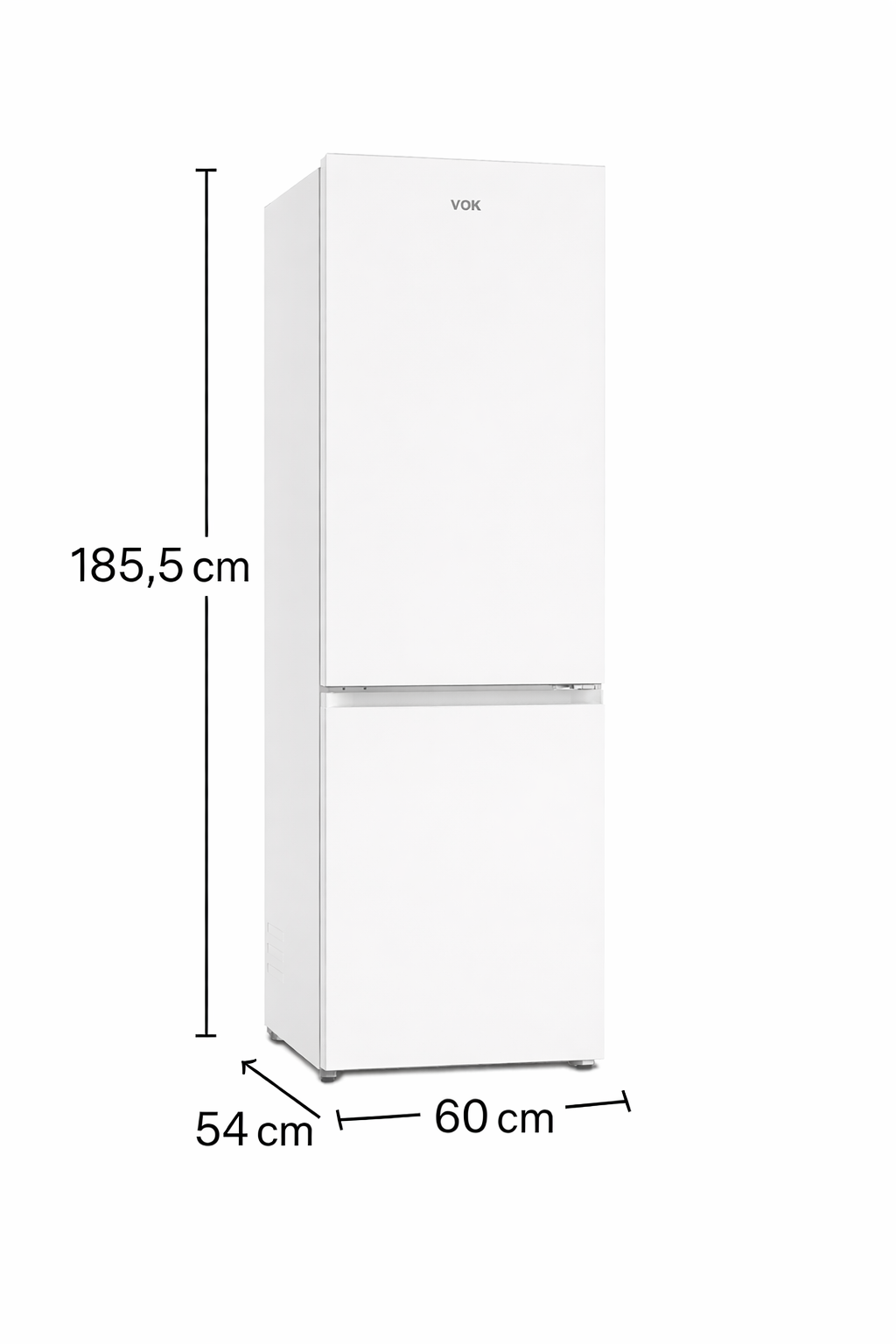 Un refrigerador VOX blanco, con medidas. Mide 185,5 cm de alto, 60 cm de ancho y 54 cm de profundidad.