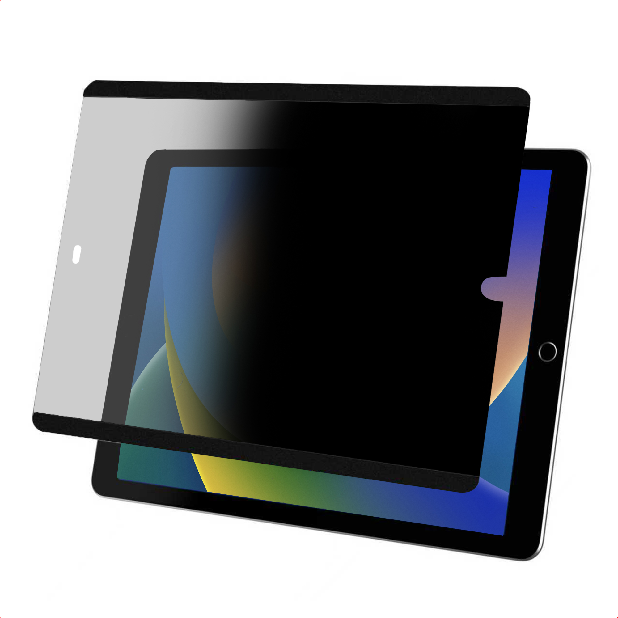Tablet con protezione schermo. Lo schermo mostra uno sfondo colorato. La protezione copre metà del tablet.