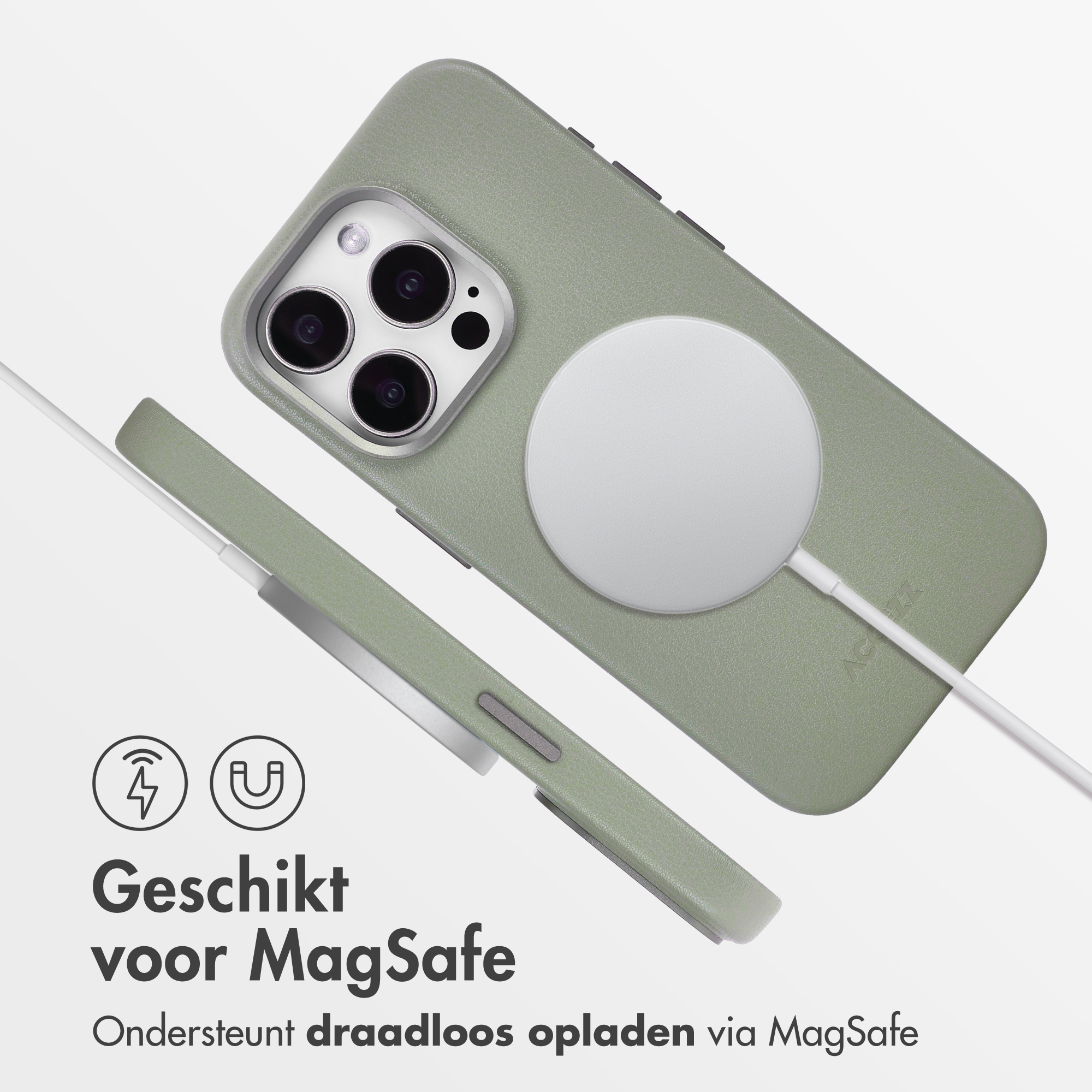 Grüne Handyhülle mit MagSafe-Ladegerät. Weißes Kabel verbunden. Text: 'Geeignet für MagSafe'.