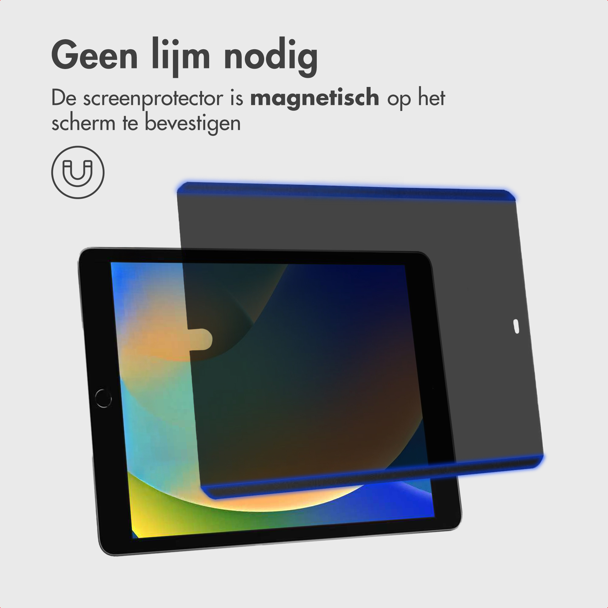 Un iPad con protezione schermo. Il testo dice 'Nessuna colla necessaria'. Il protettore è magnetico. Tablet nero, bordo blu.