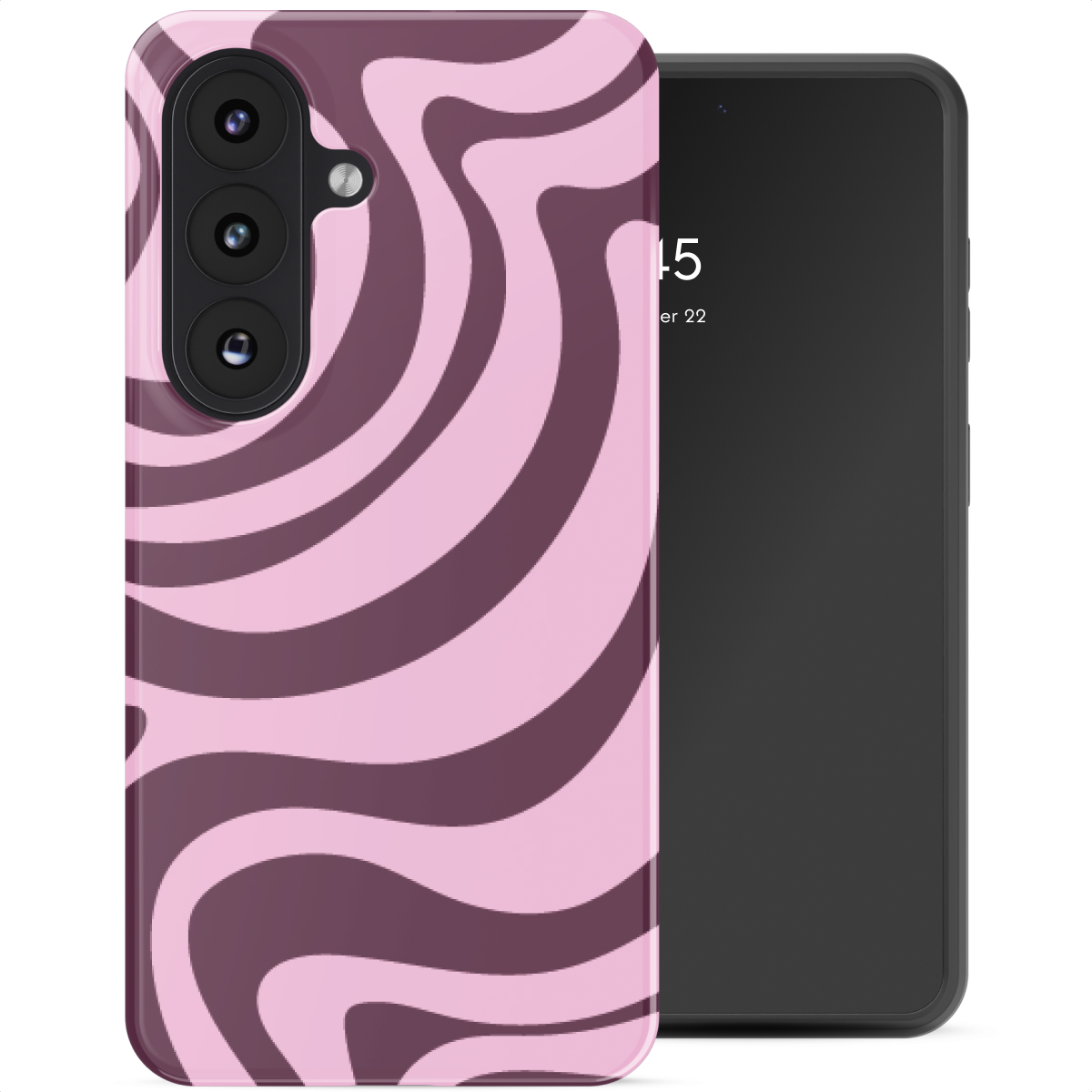 Een telefoon met een roze en donkerpaarse wervelende hoes. Het scherm toont de tijd. Zwarte telefoonbehuizing rechts.