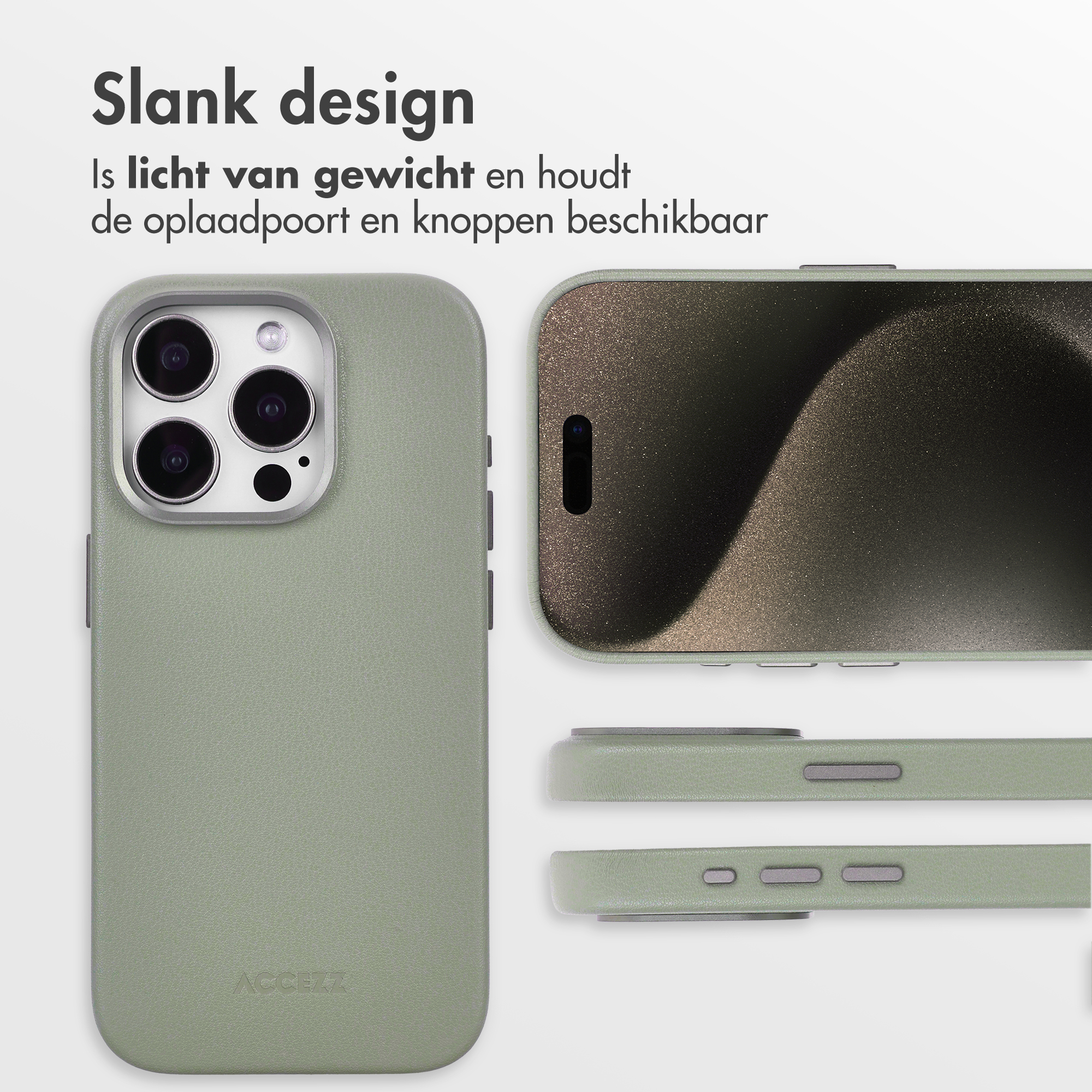 Grüne Handyhülle mit verschiedenen Winkeln, die Kamera, Knöpfe und Ladeanschluss zeigt. Das Design ist schlank und leicht.