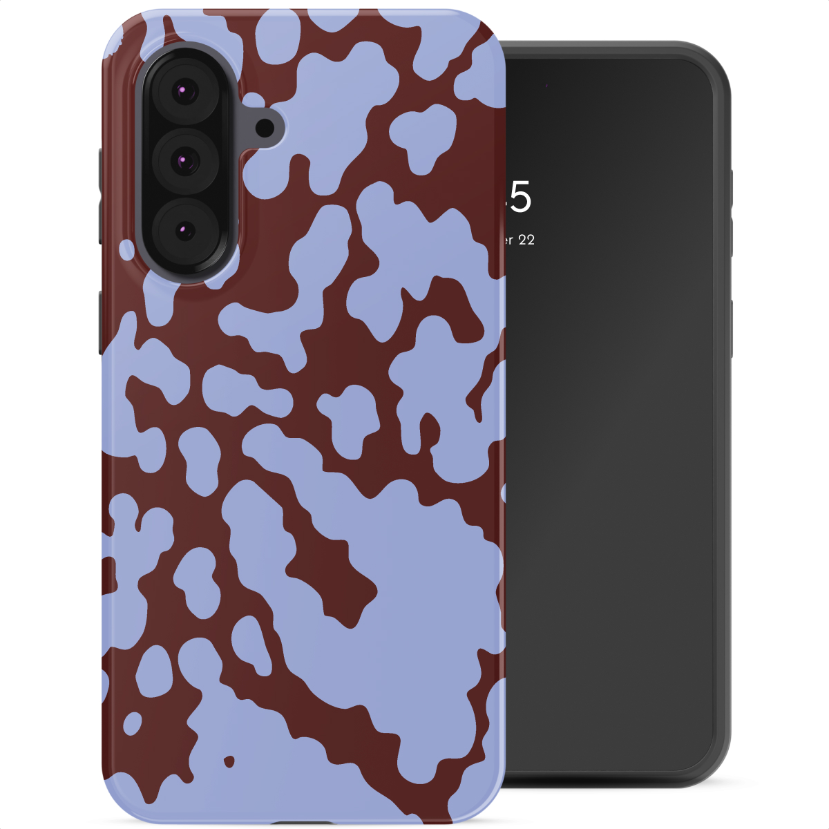 Un smartphone avec un étui à motifs. L'étui a une base marron avec des formes irrégulières bleu clair. L'écran du téléphone est noir.