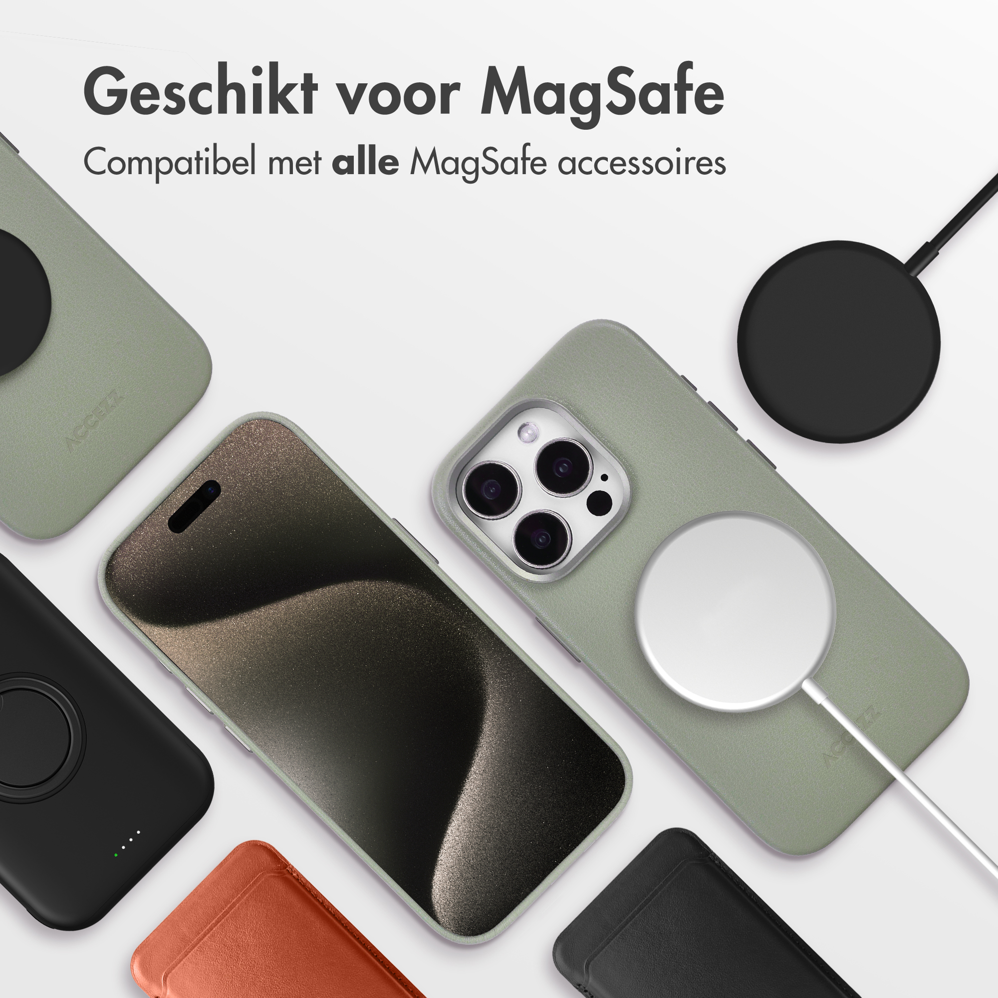 Das Bild zeigt Handyhüllen, Ladegeräte und Telefone. Die Hüllen sind grün, schwarz und braun. Text sagt 'MagSafe'.
