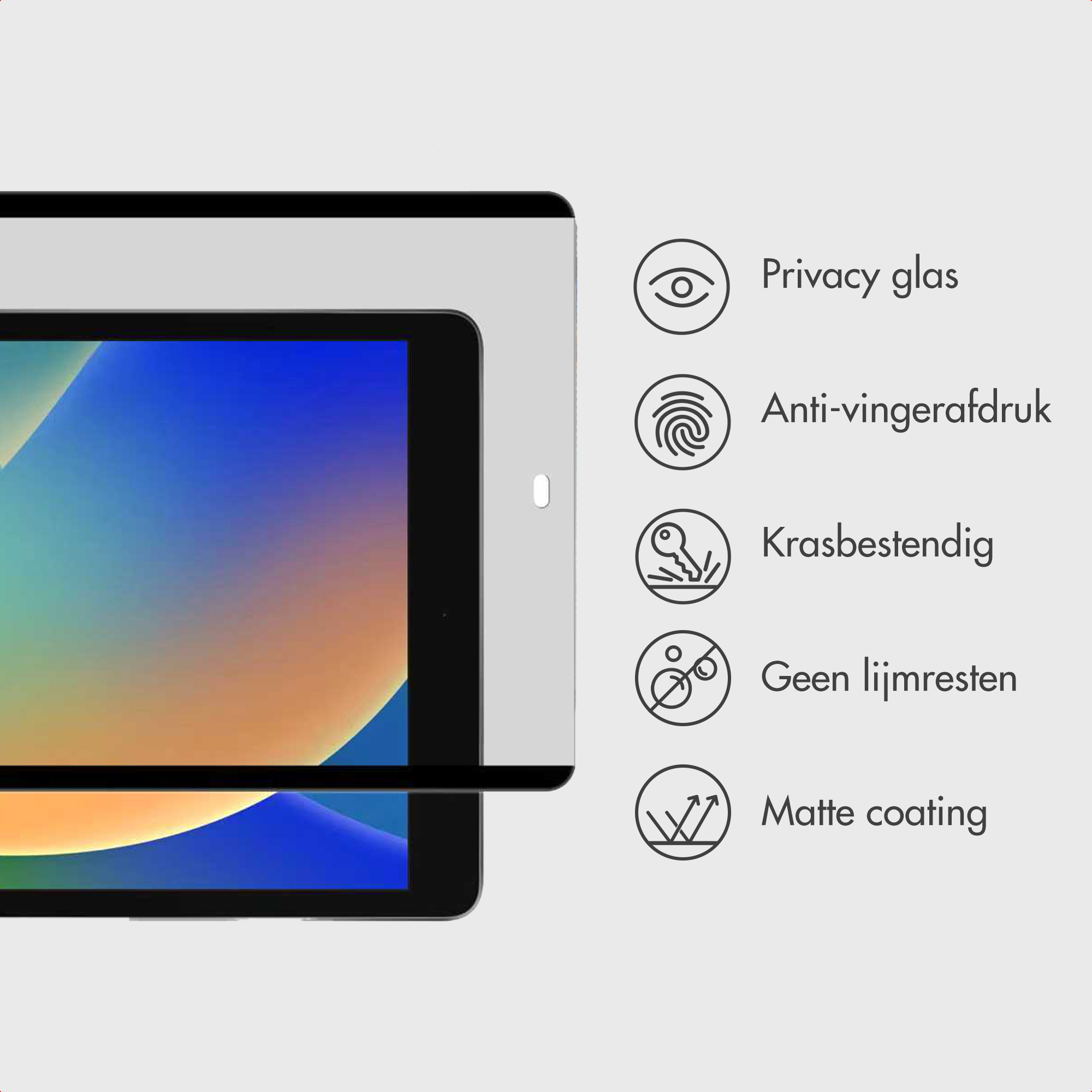 Tablet con protezione schermo. Caratteristiche: vetro privacy, anti-impronta, antigraffio, senza residui di colla e rivestimento opaco.