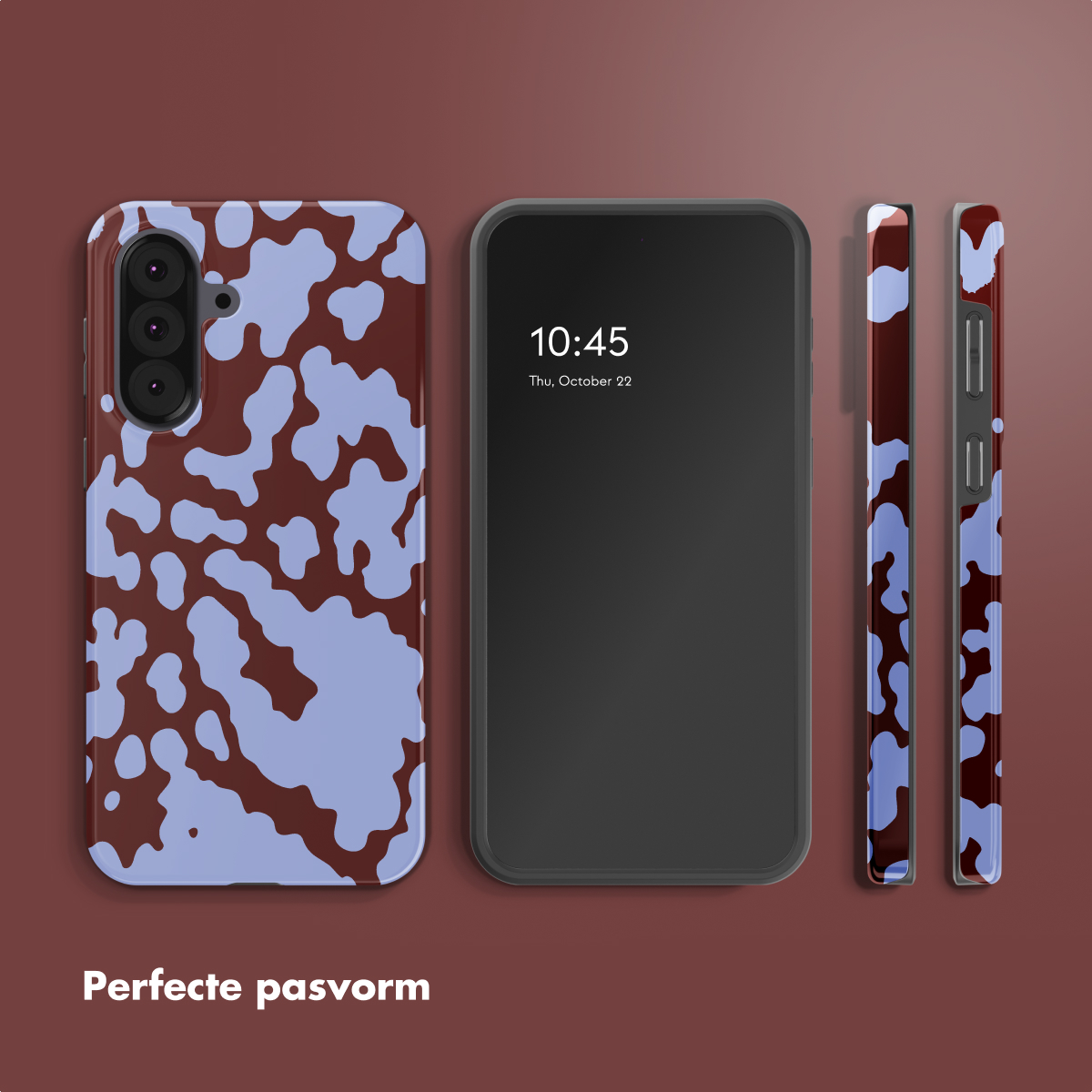 Une coque de téléphone et un téléphone avec un motif marron et bleu. Le téléphone affiche l'heure 10:45. Le fond est marron.