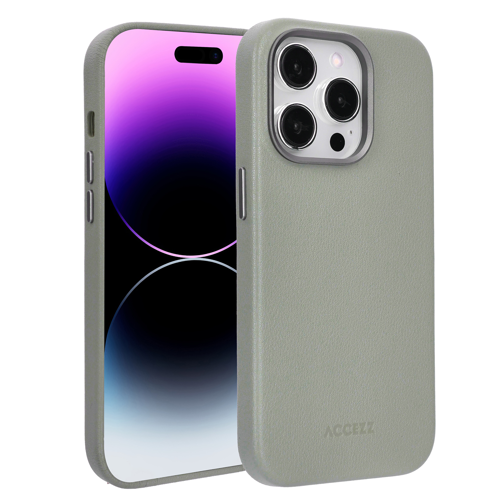 Un téléphone dans un étui vert, vue de droite. L'écran du téléphone est visible, avec un fond dégradé.