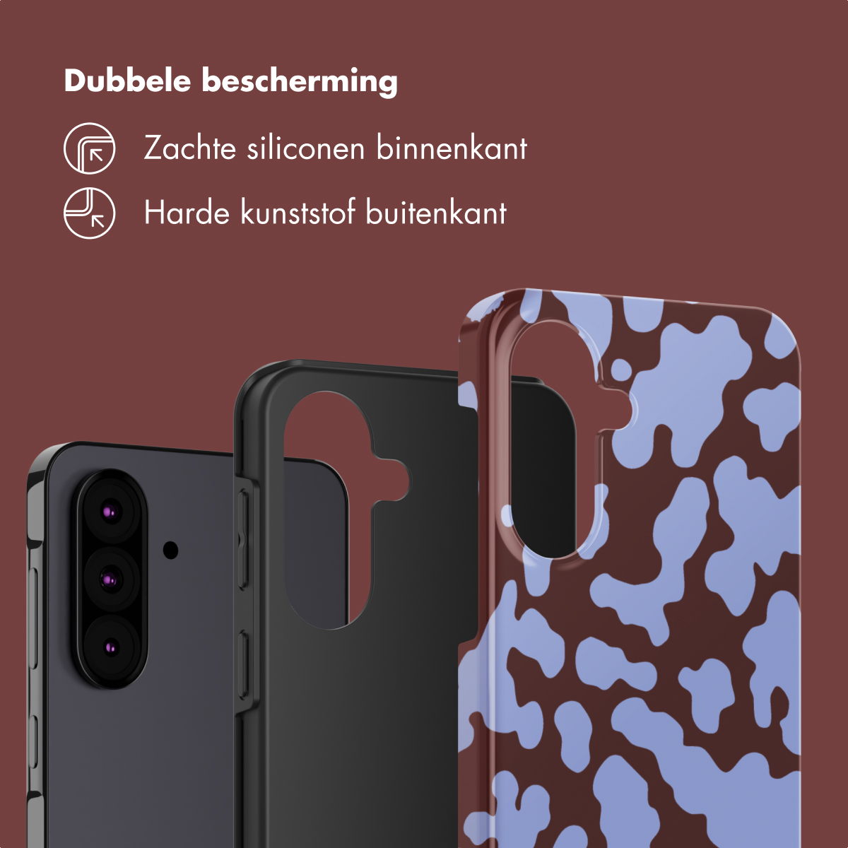 Coques de téléphone en rang. La supérieure avec un motif de vache. Texte: Double protection, silicone souple à l'intérieur, plastique dur à l'extérieur.