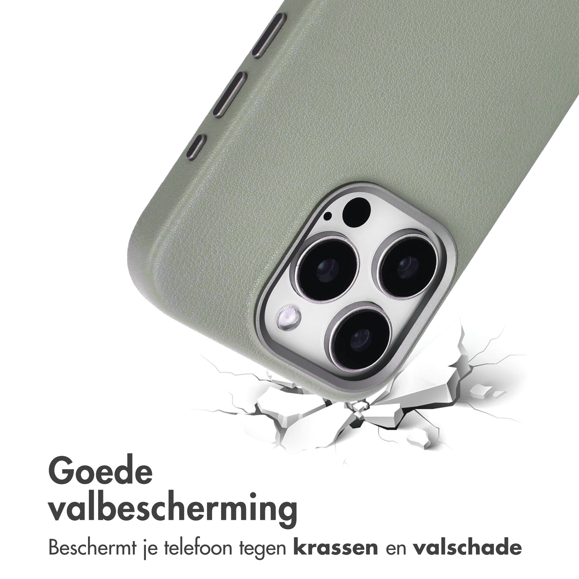 Gezeigtes Telefoncase, abgewinkelt, auf weißem Grund mit Rissen. Text: 'guter Fallschutz'.