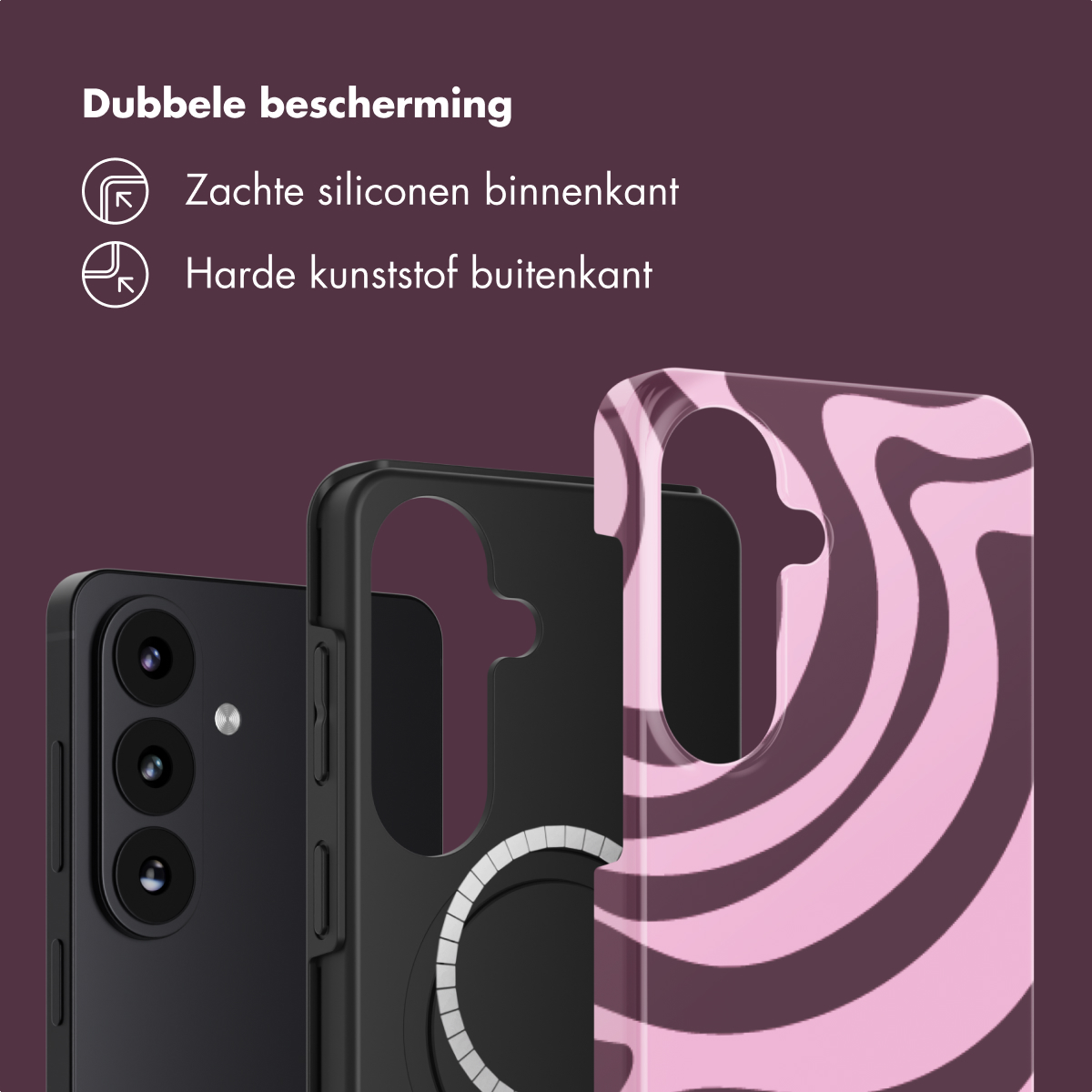 Afbeelding toont een telefoon en drie hoesjes. Hoesjes zijn zwart, met roze en zwarte wervelingen en een zwart frame. Achtergrond is donkerpaars.