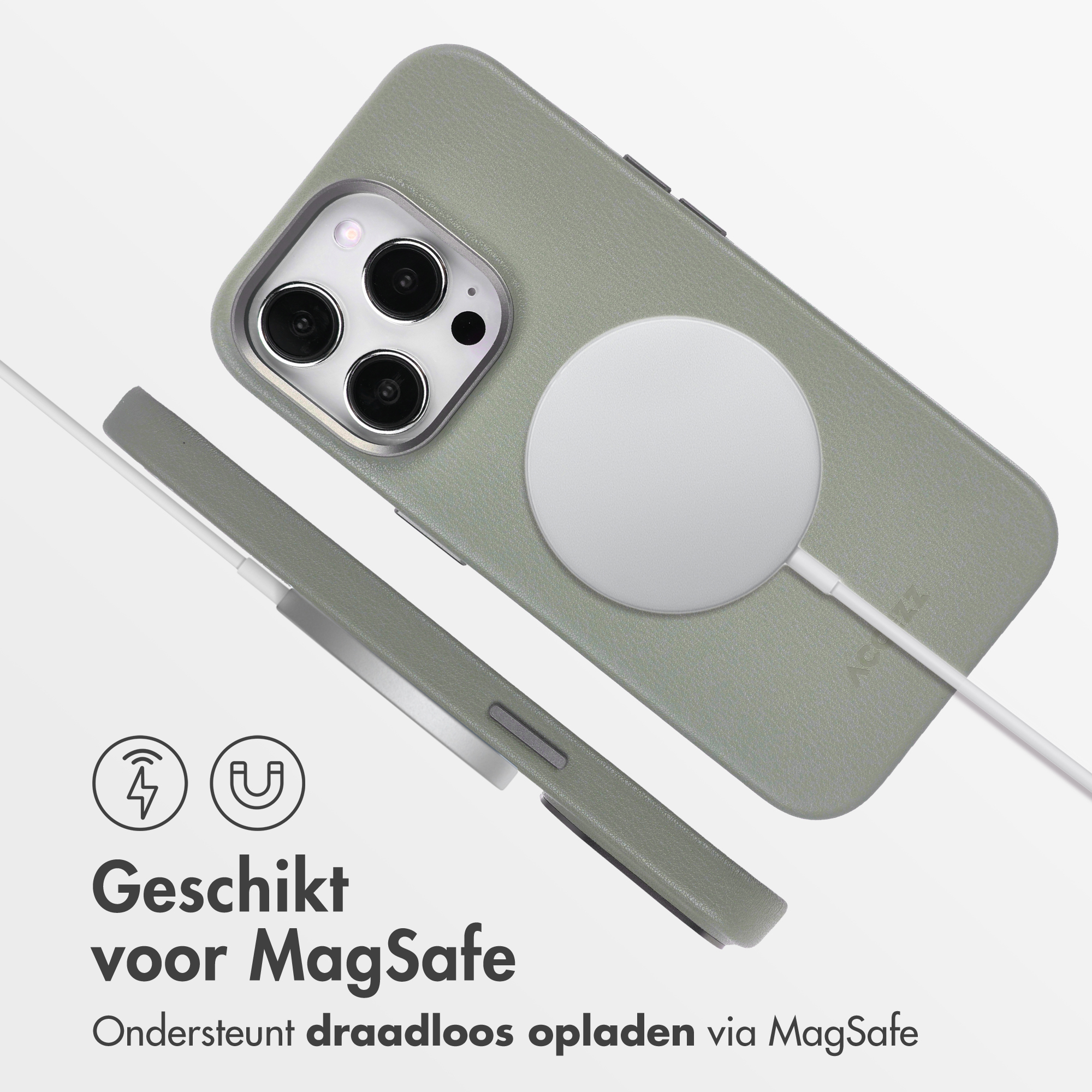 Coque de téléphone verte avec chargeur MagSafe. Texte : 'Convient pour MagSafe. Prend en charge la charge sans fil via MagSafe'.