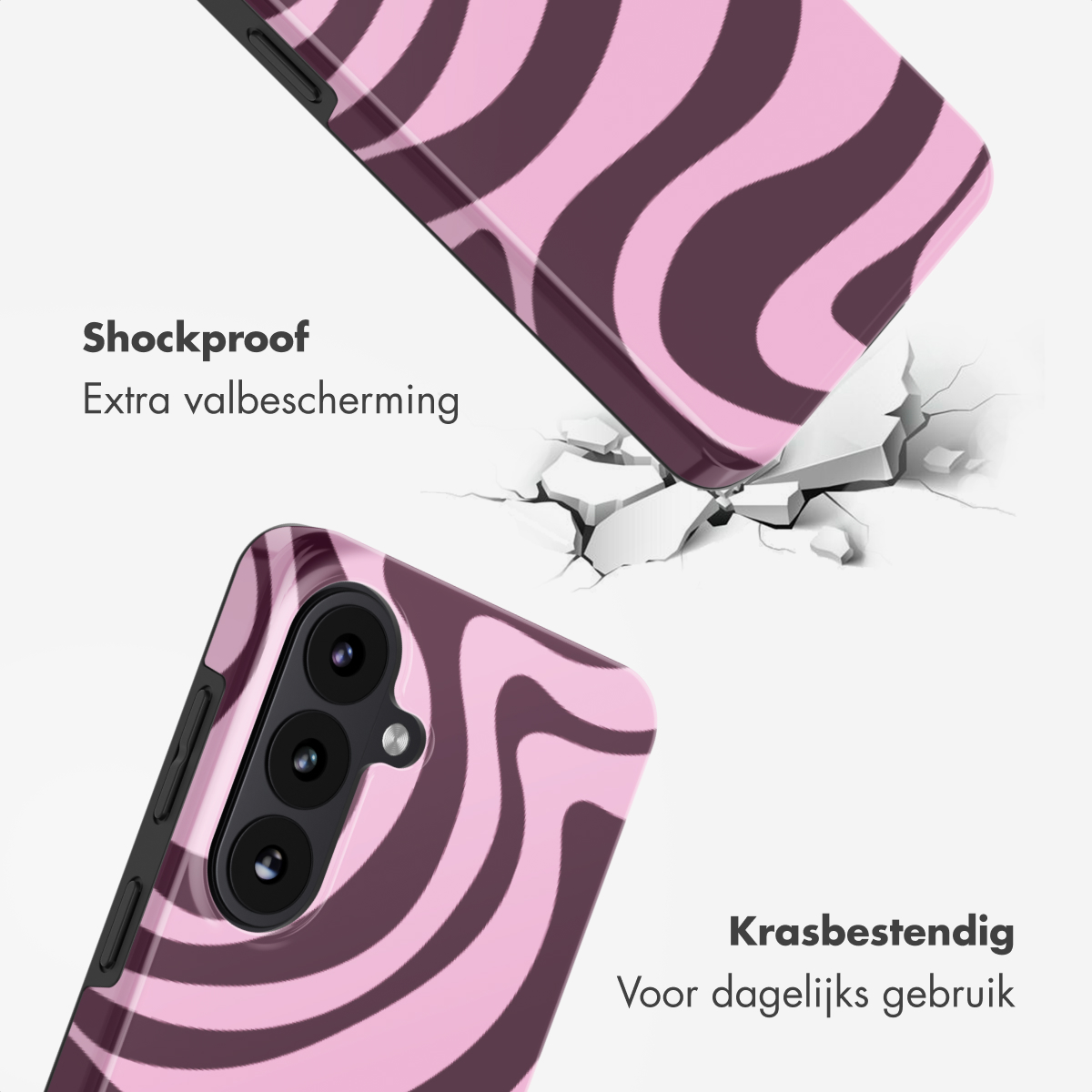 Telefoonhoesje met roze en bruine zebra strepen. De hoes breekt een oppervlak. Teksten: Schokbestendig, Krasbestendig.