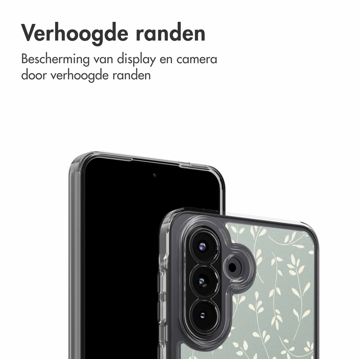 Un telefono in una custodia. La custodia ha un design floreale. Il telefono è nero e la custodia è trasparente. Il testo in alto dice 'Bordi rialzati'.